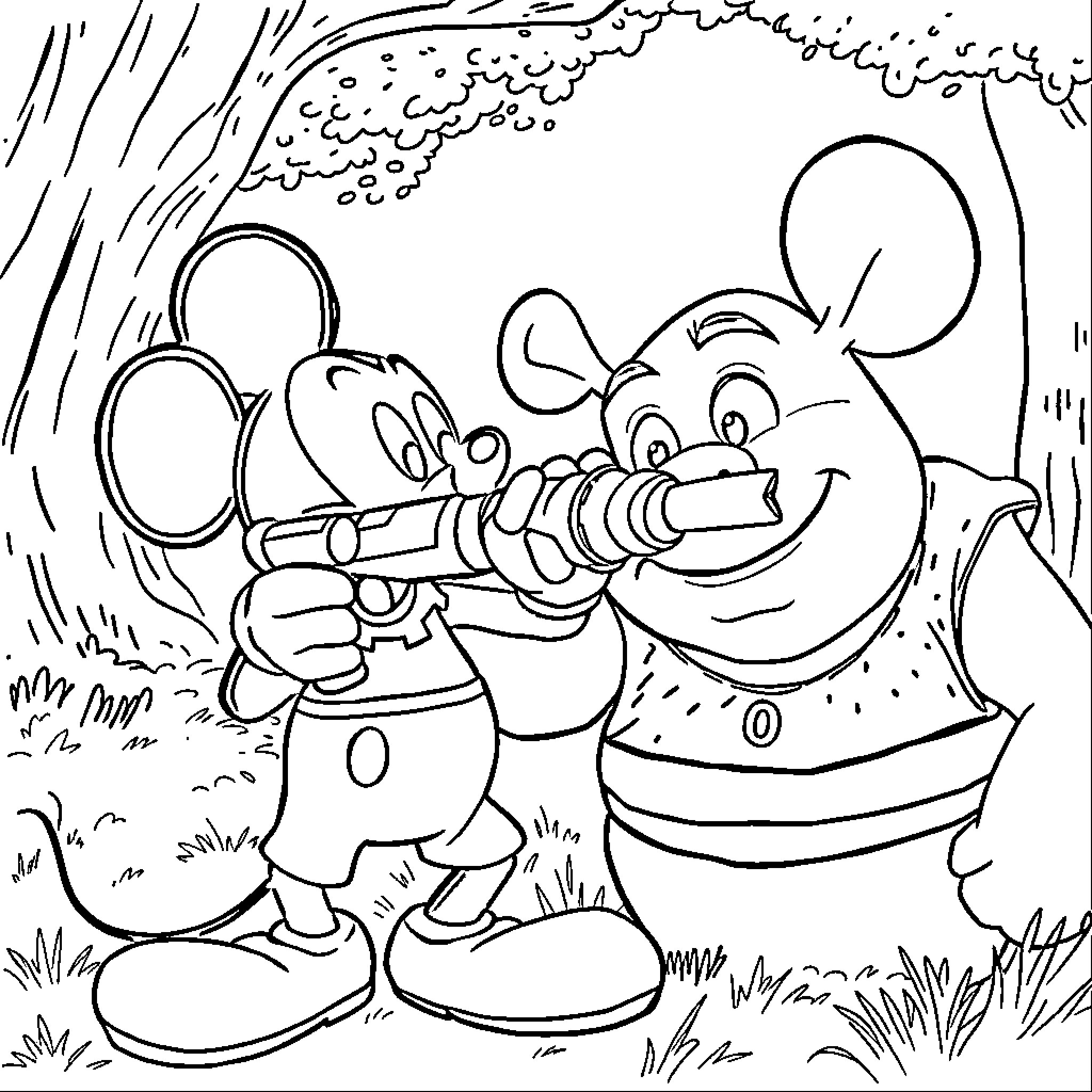 Mickey Mouse Playing with a Bubble Blower in the Outdoors Coloring Page (free black-and-white line drawing printable PDF for all, from beginners to advanced learners, including children, teens, adults, and seniors)