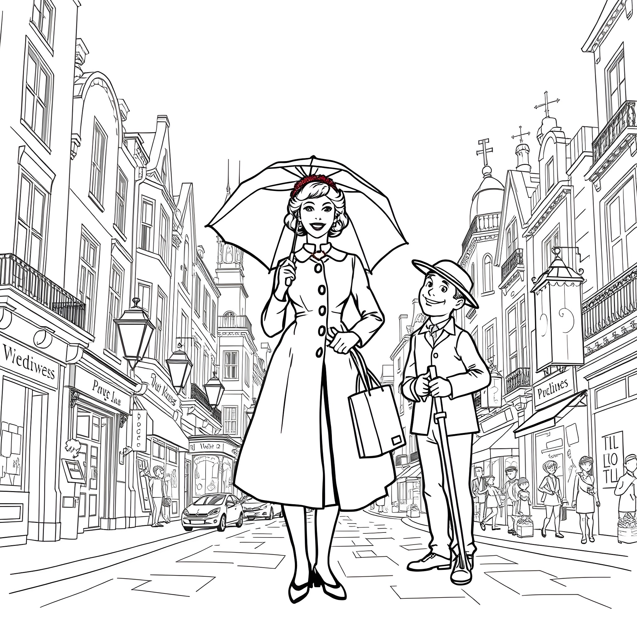 Mary Poppins and child walking in a rainy city street Coloring Page (free black-and-white line drawing printable PDF for all, from beginners to advanced learners, including children, teens, adults, and seniors)
