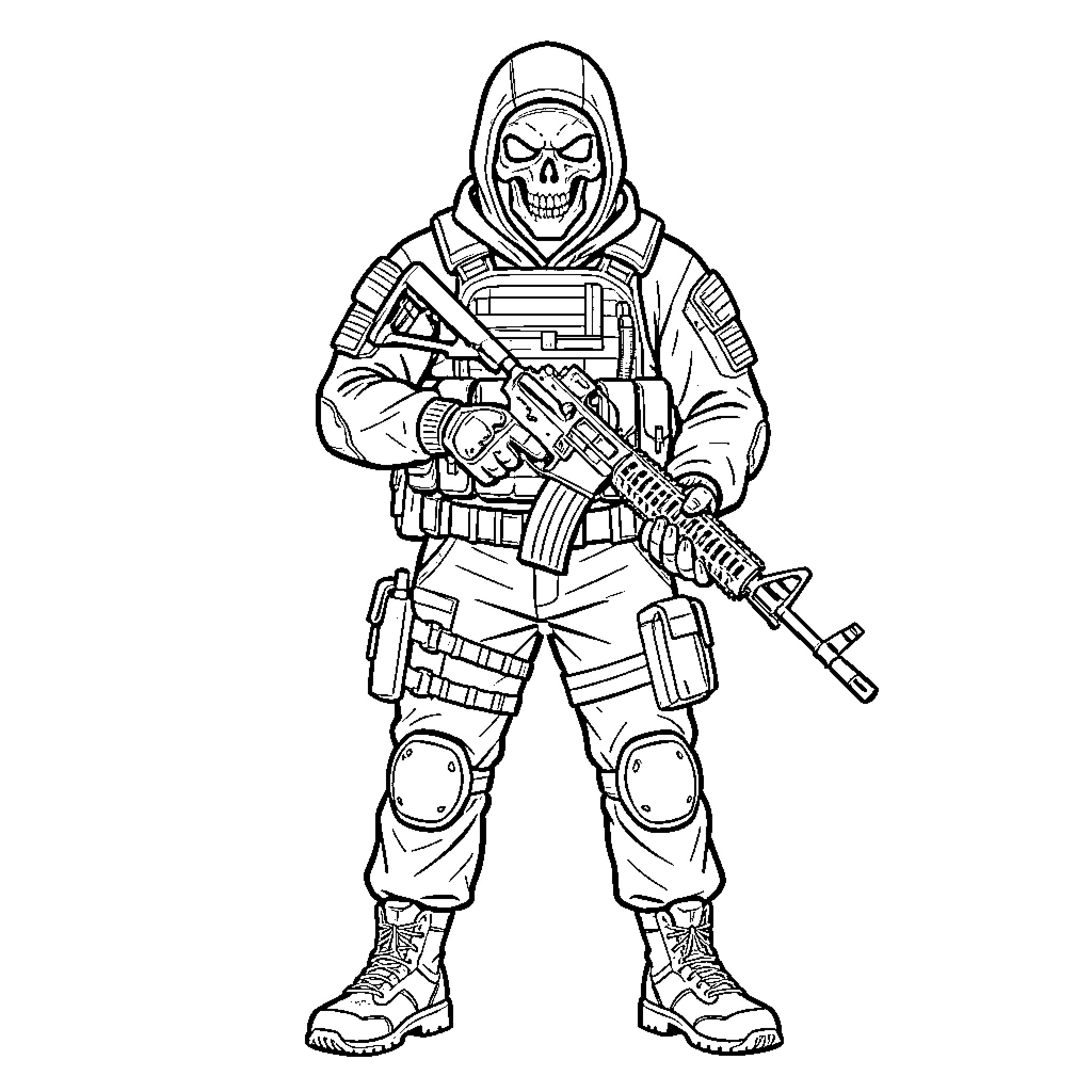 Ghost soldier in tactical gear holding a rifle Coloring Page (free black-and-white line drawing printable PDF for all, from beginners to advanced learners, including children, teens, adults, and seniors)