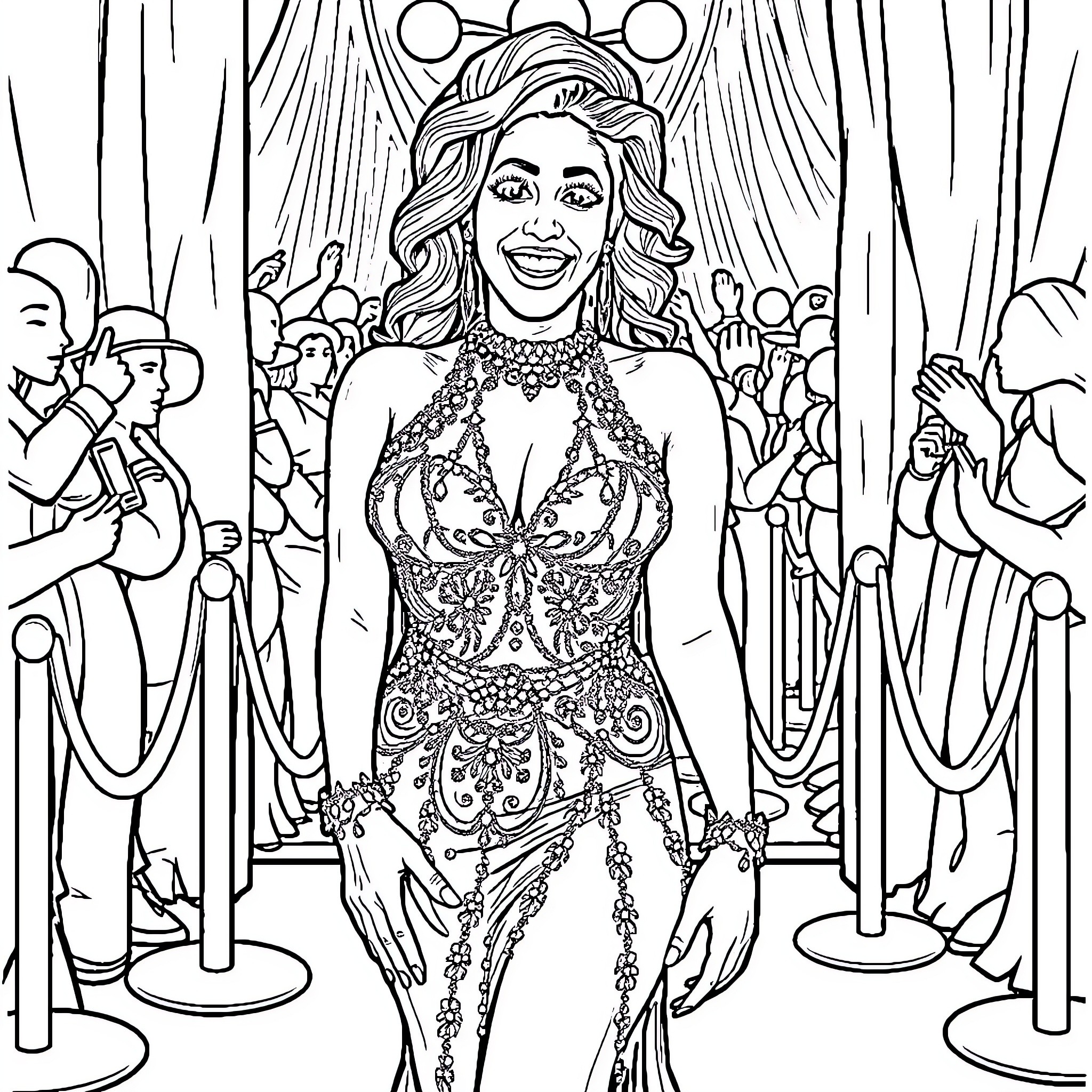 Cardi B's Glamorous Red Carpet Appearance Coloring Page (free black-and-white line drawing printable PDF for all, from beginners to advanced learners, including children, teens, adults, and seniors)