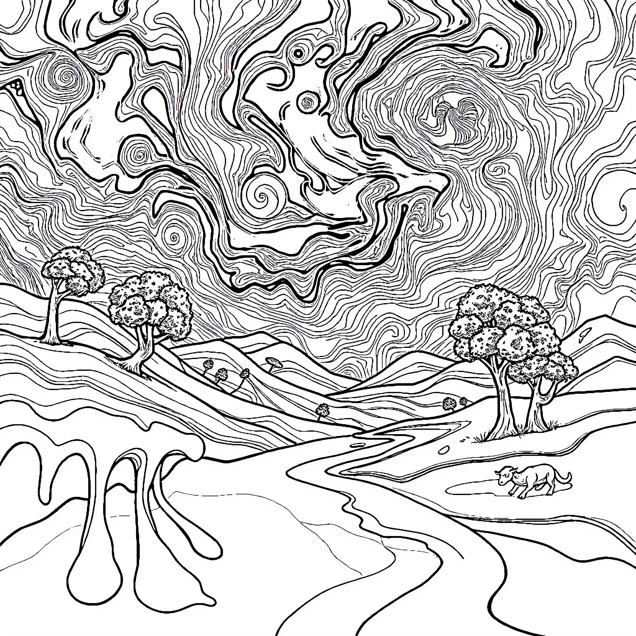 Landscape with Flowing Patterns and Nature Scenery Coloring Page (free black-and-white line drawing printable PDF for all, from beginners to advanced learners, including children, teens, adults, and seniors)