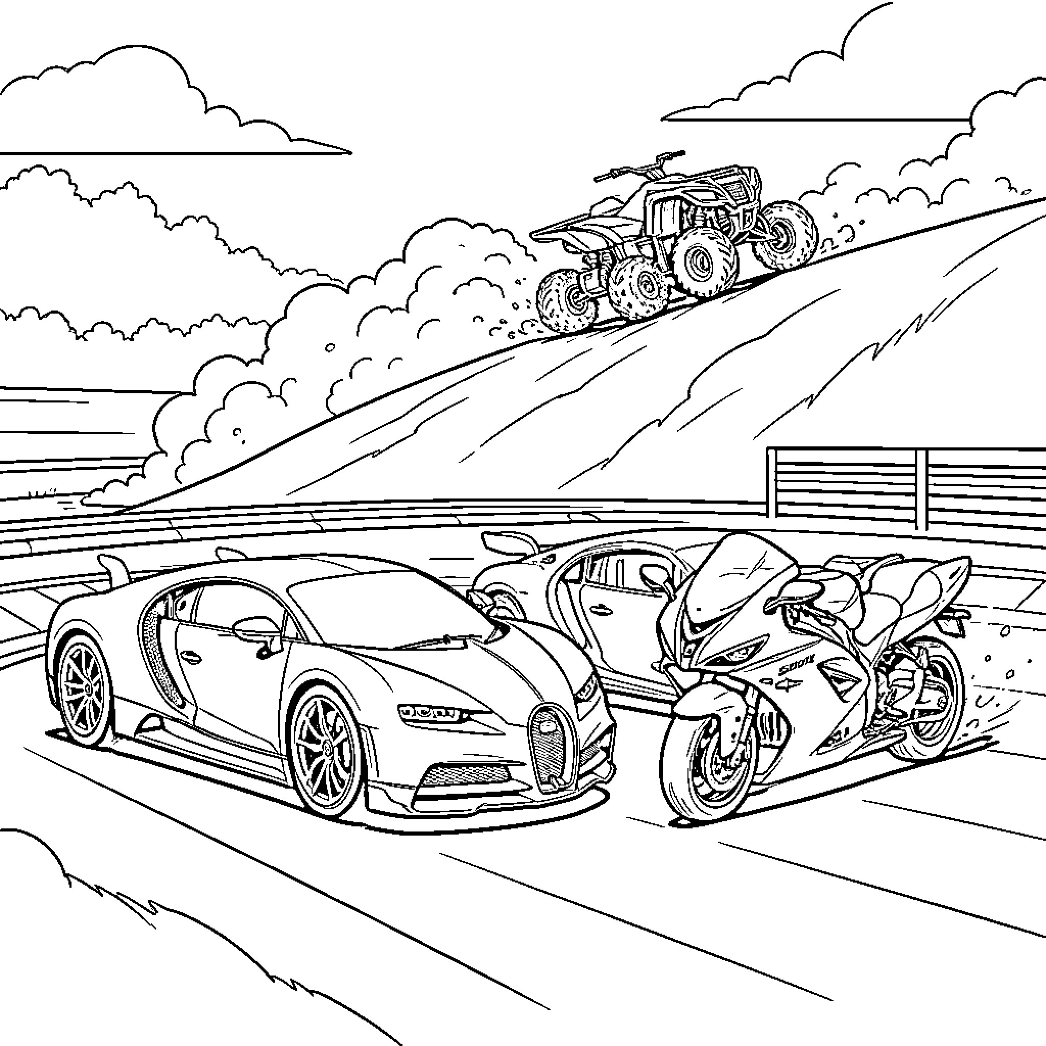 Car racing and speed in scenic landscape Coloring Page (free black-and-white line drawing printable PDF for all, from beginners to advanced learners, including children, teens, adults, and seniors)
