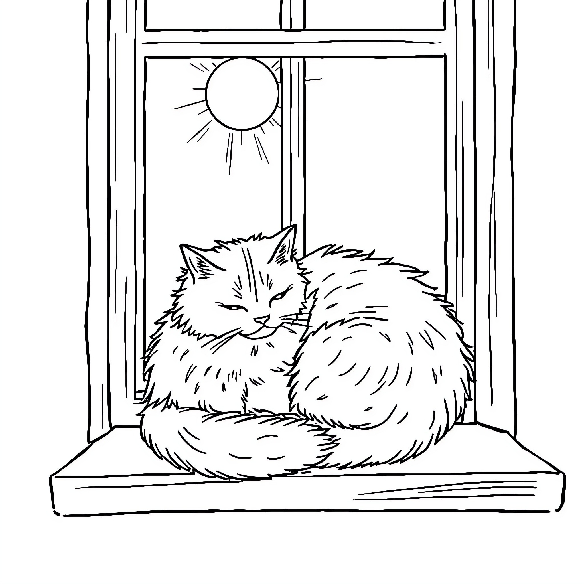 Cat resting peacefully in the window Coloring Page (free black-and-white line drawing printable PDF for all, from beginners to advanced learners, including children, teens, adults, and seniors)
