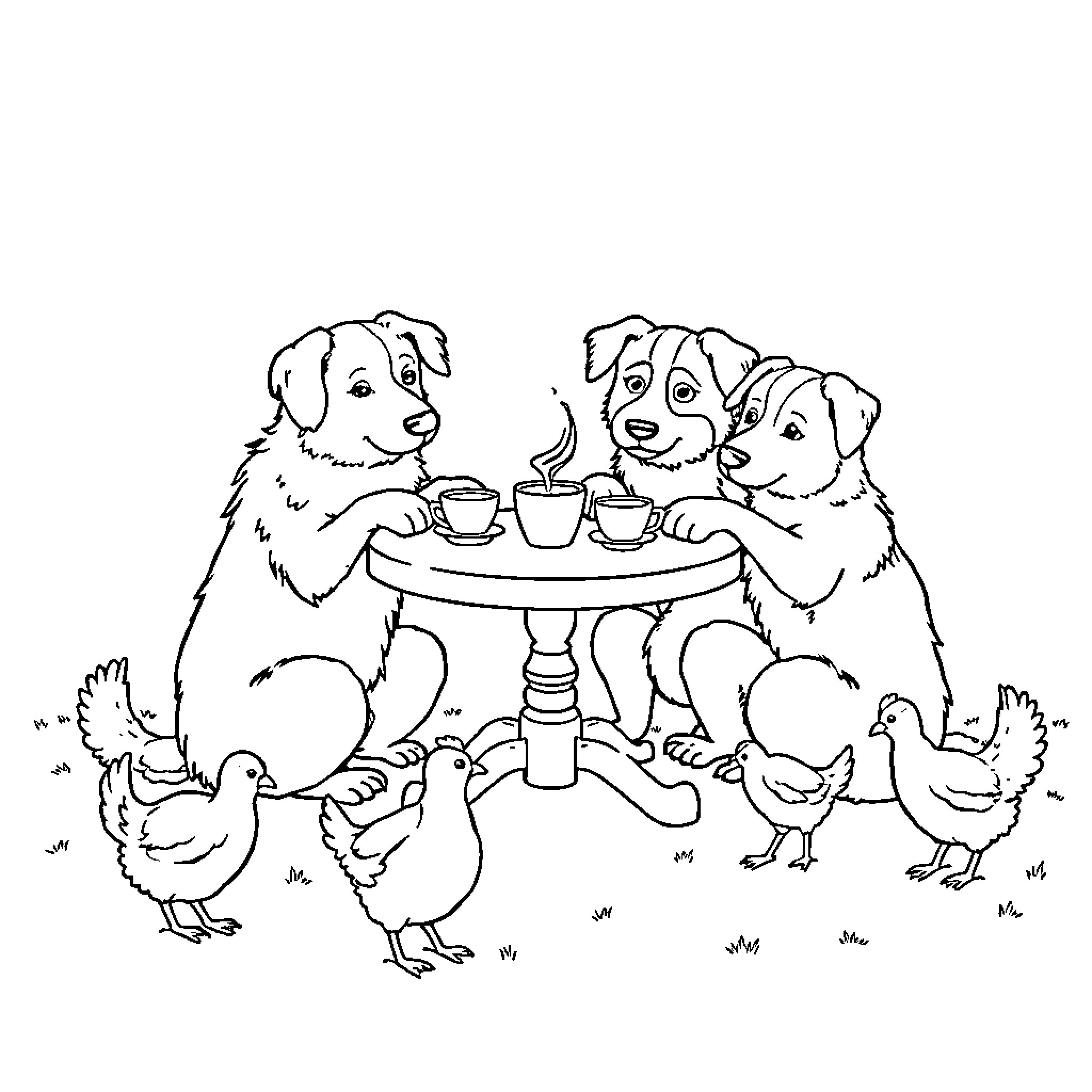 Dog friends having a tea party Coloring Page (free black-and-white line drawing printable PDF for all, from beginners to advanced learners, including children, teens, adults, and seniors)