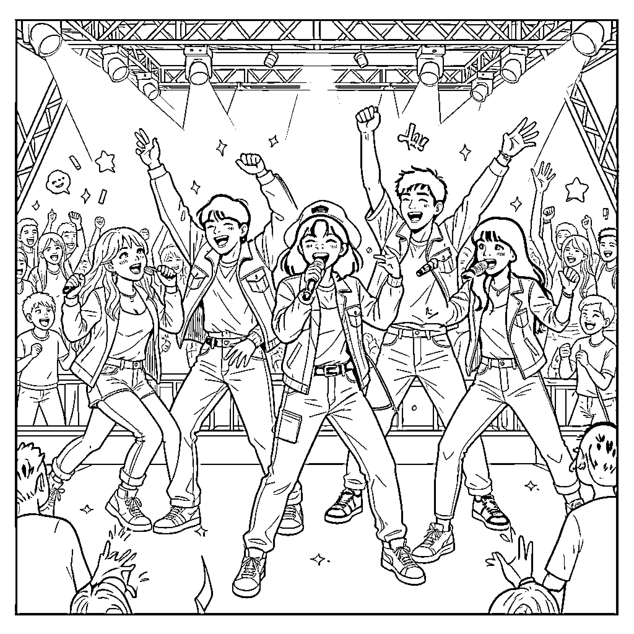 Kpop idols performing energetically on stage for fans Coloring Page (free black-and-white line drawing printable PDF for all, from beginners to advanced learners, including children, teens, adults, and seniors)