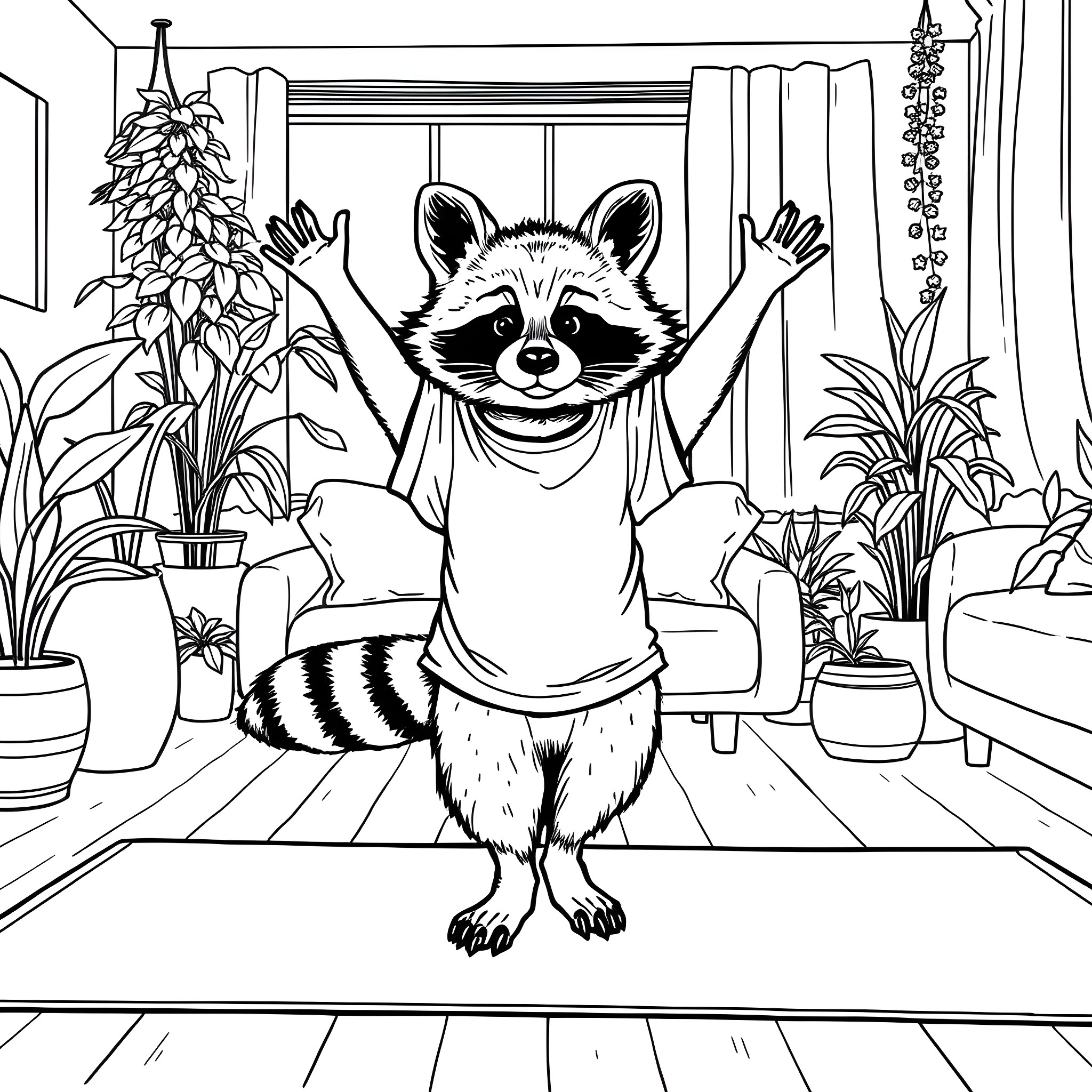 Raccoon playfully stretching in a cozy indoor setting Coloring Page (free black-and-white line drawing printable PDF for all, from beginners to advanced learners, including children, teens, adults, and seniors)