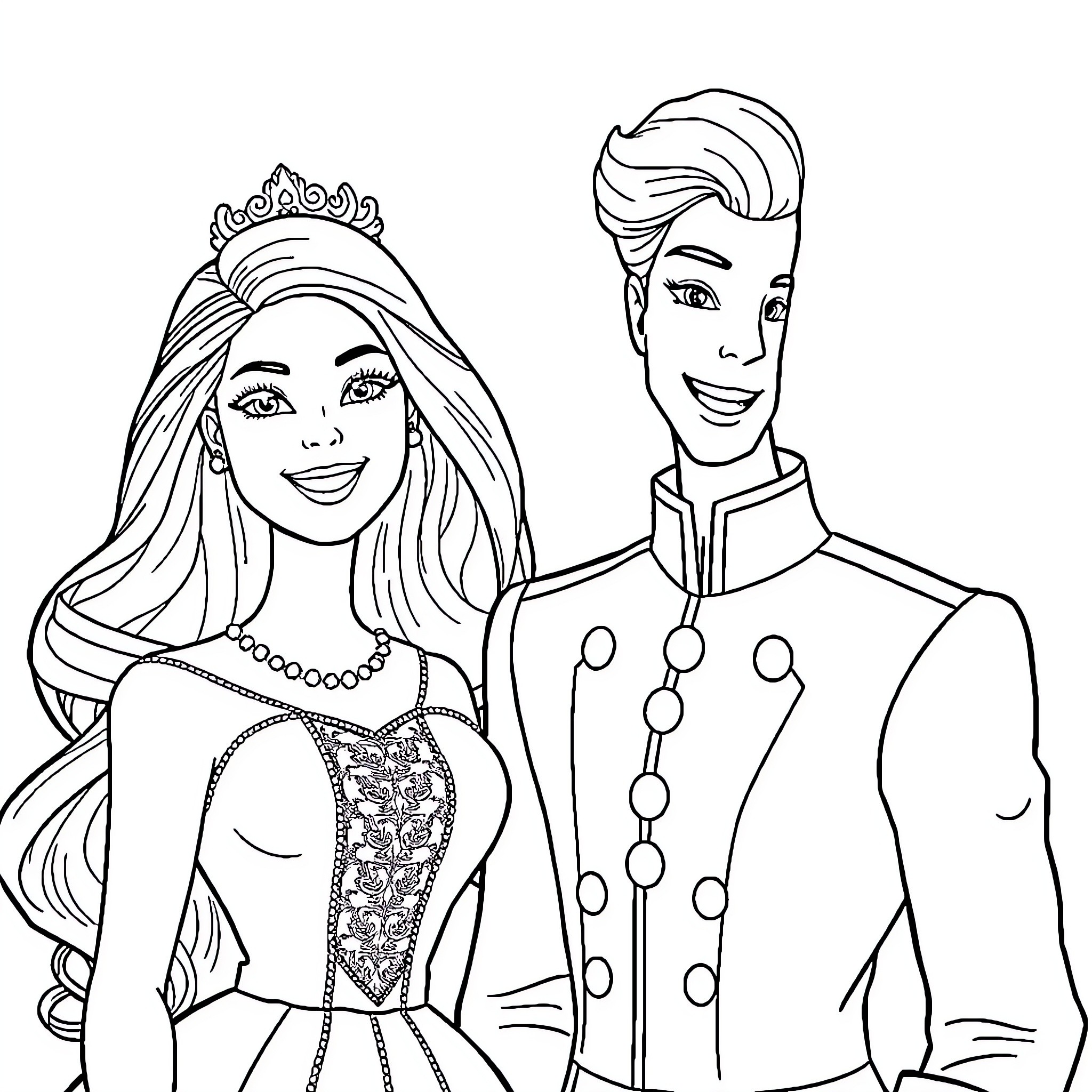 Barbie and Ken in formal attire Coloring Page (free black-and-white line drawing printable PDF for all, from beginners to advanced learners, including children, teens, adults, and seniors)