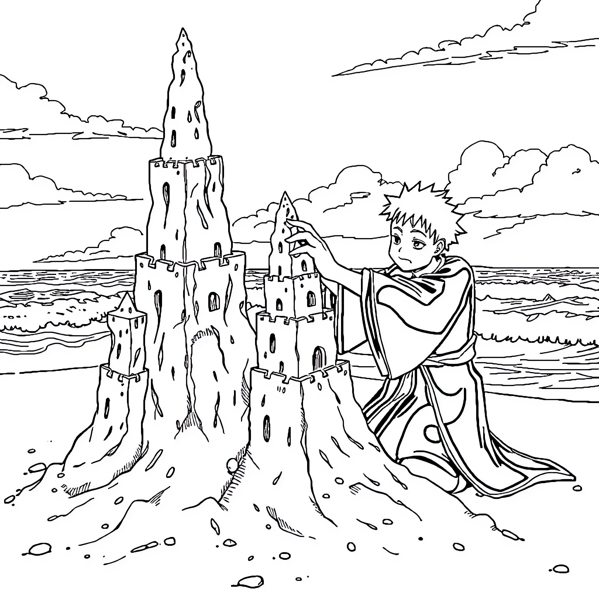 Shishomaru building a sandcastle on the beach Coloring Page (free black-and-white line drawing printable PDF for all, from beginners to advanced learners, including children, teens, adults, and seniors)