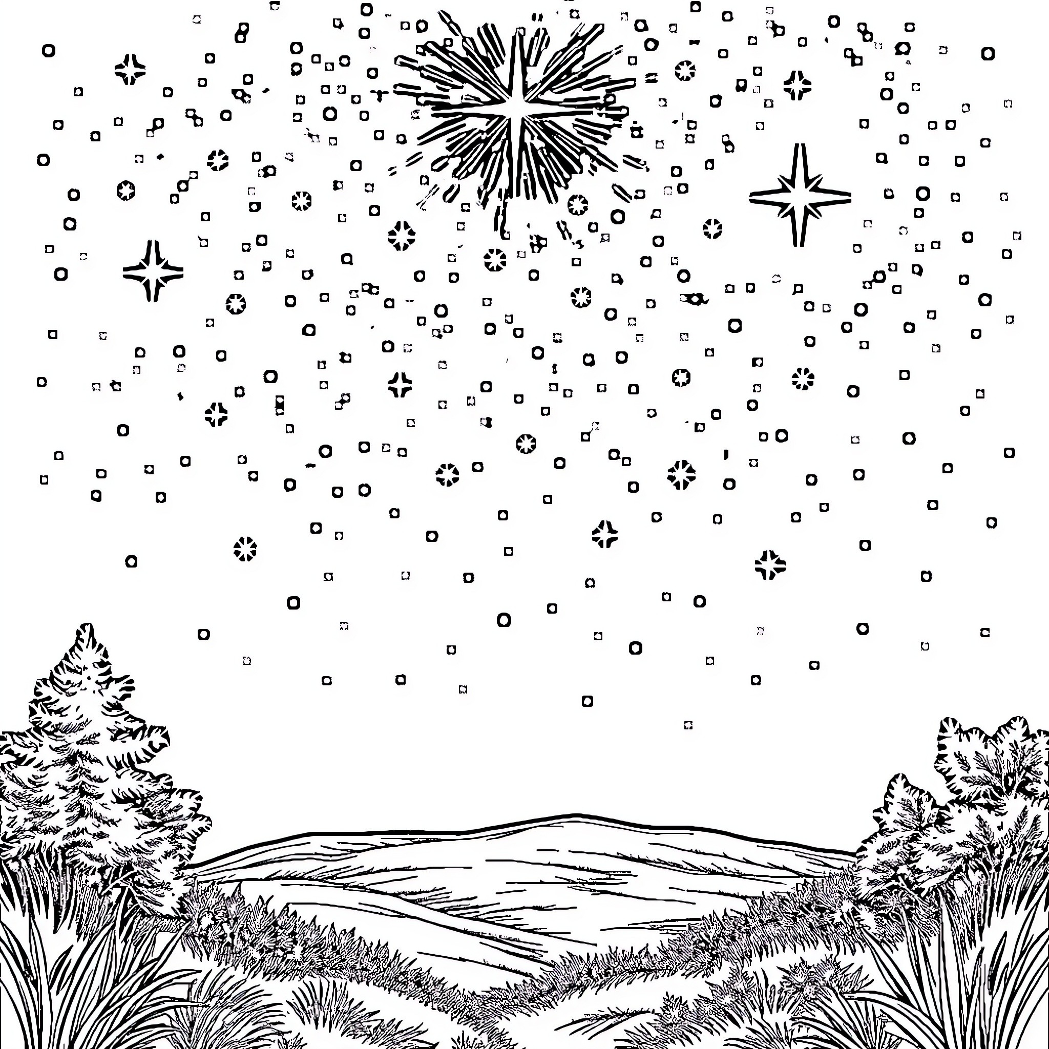 Night scene with stars and snowy landscape Coloring Page (free black-and-white line drawing printable PDF for all, from beginners to advanced learners, including children, teens, adults, and seniors)