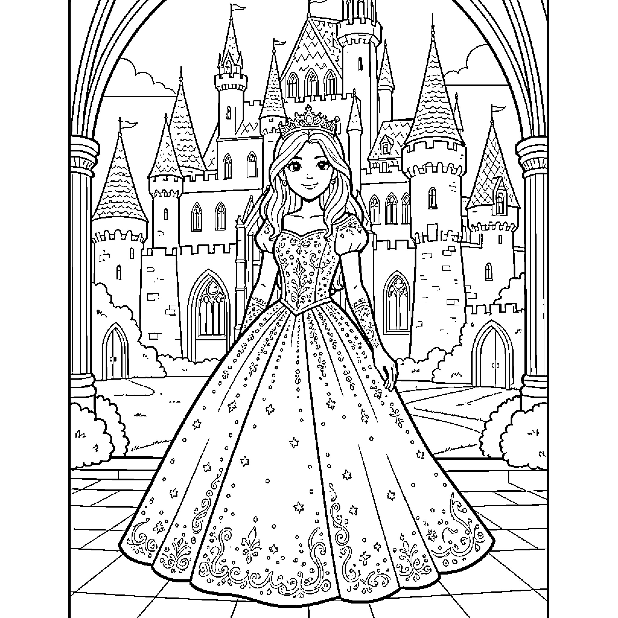 Princess posing gracefully in front of a majestic castle Coloring Page (free black-and-white line drawing printable PDF for all, from beginners to advanced learners, including children, teens, adults, and seniors)