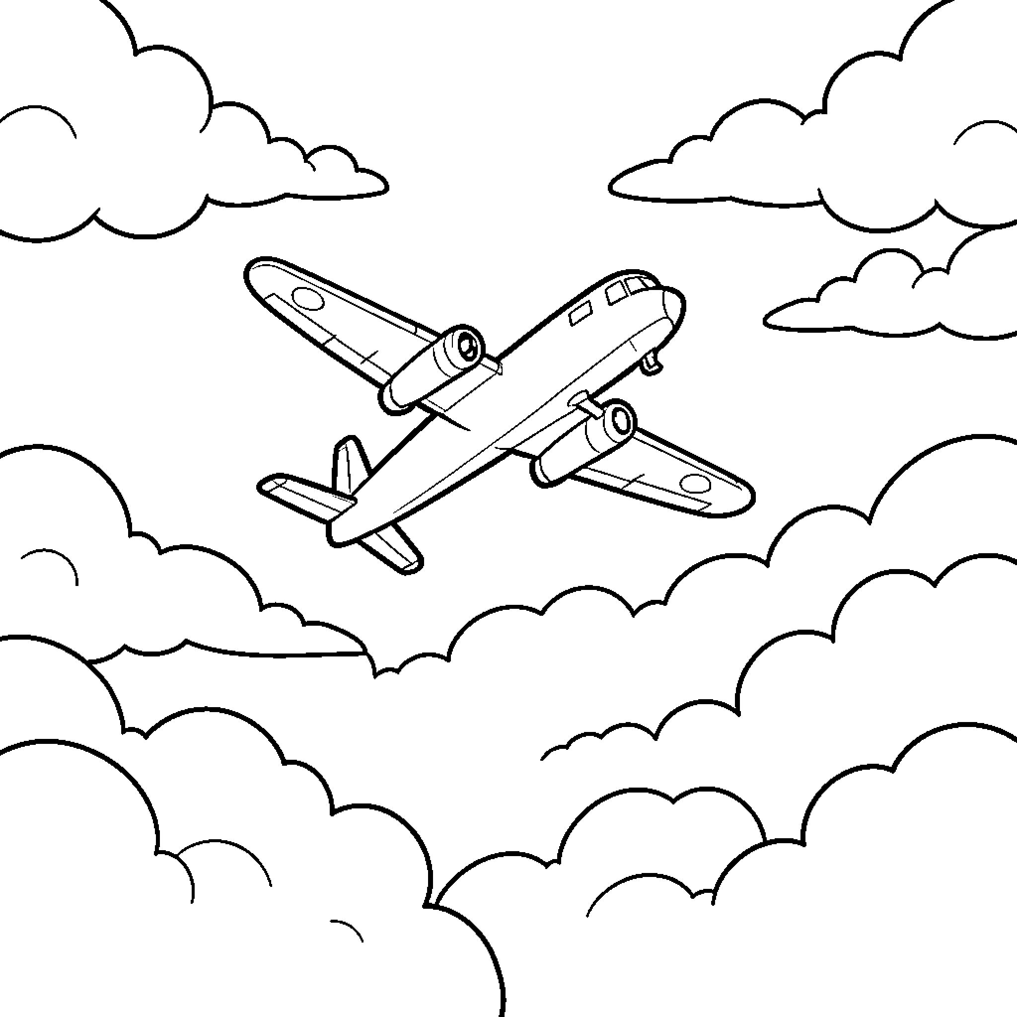 Avión flying high among fluffy clouds Coloring Page (free black-and-white line drawing printable PDF for all, from beginners to advanced learners, including children, teens, adults, and seniors)