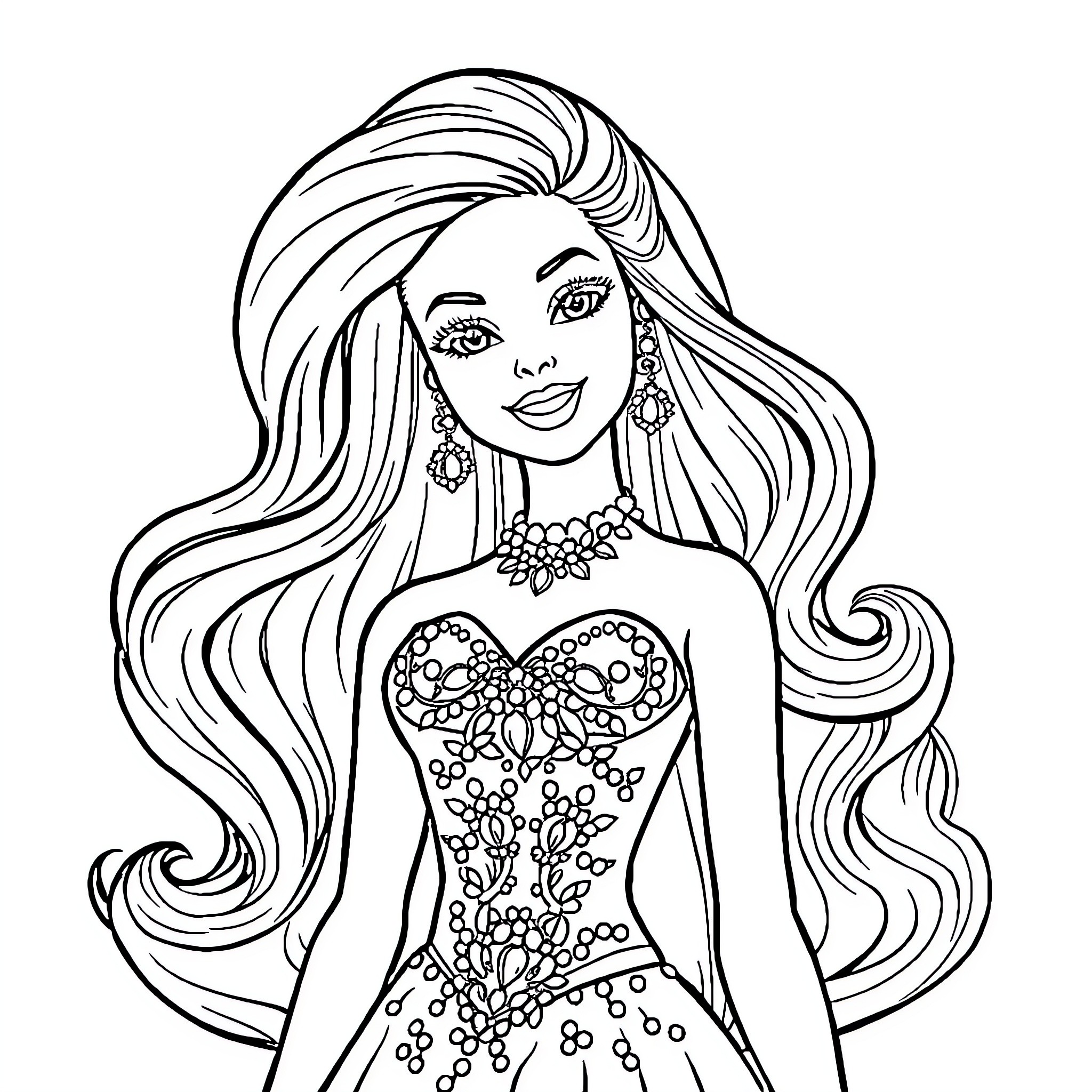 Barbie in elegant evening gown with flowing hair Coloring Page (free black-and-white line drawing printable PDF for all, from beginners to advanced learners, including children, teens, adults, and seniors)
