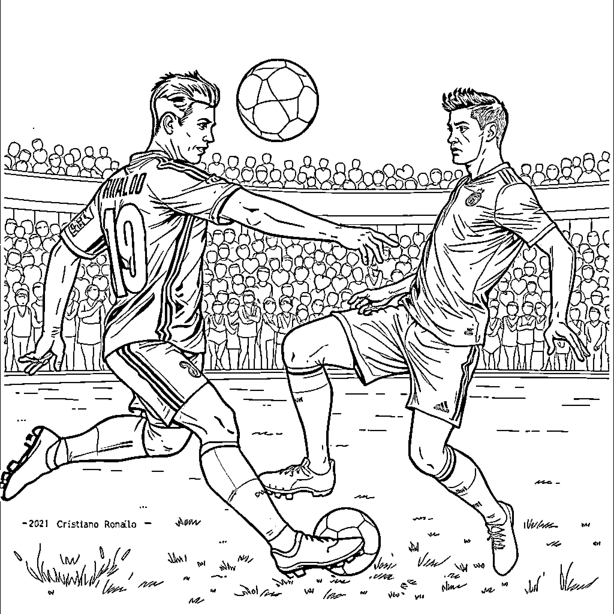Cristiano Ronaldo playing football in a stadium Coloring Page (free black-and-white line drawing printable PDF for all, from beginners to advanced learners, including children, teens, adults, and seniors)