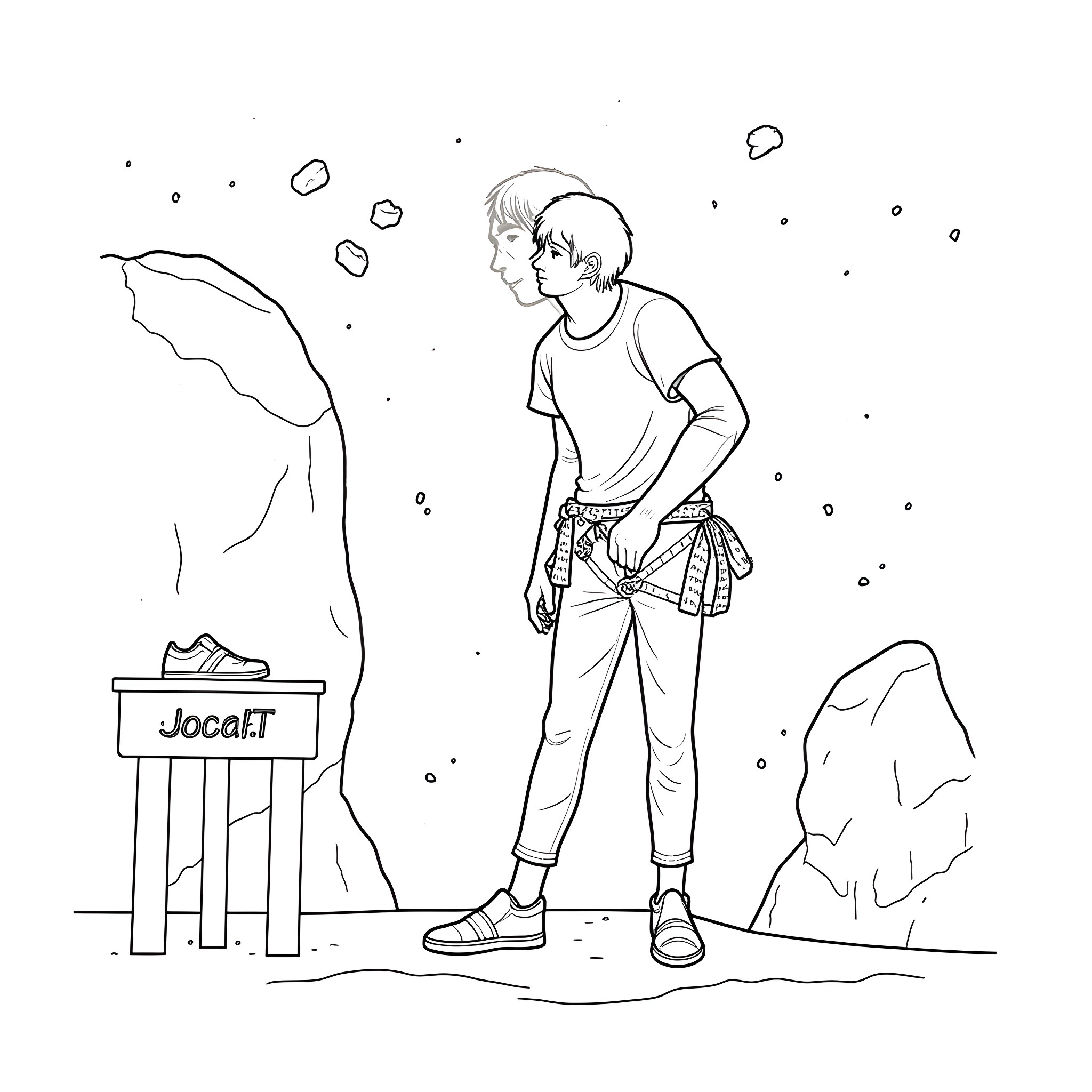 Rock Climber Preparing for Challenging Ascent Coloring Page (free black-and-white line drawing printable PDF for all, from beginners to advanced learners, including children, teens, adults, and seniors)