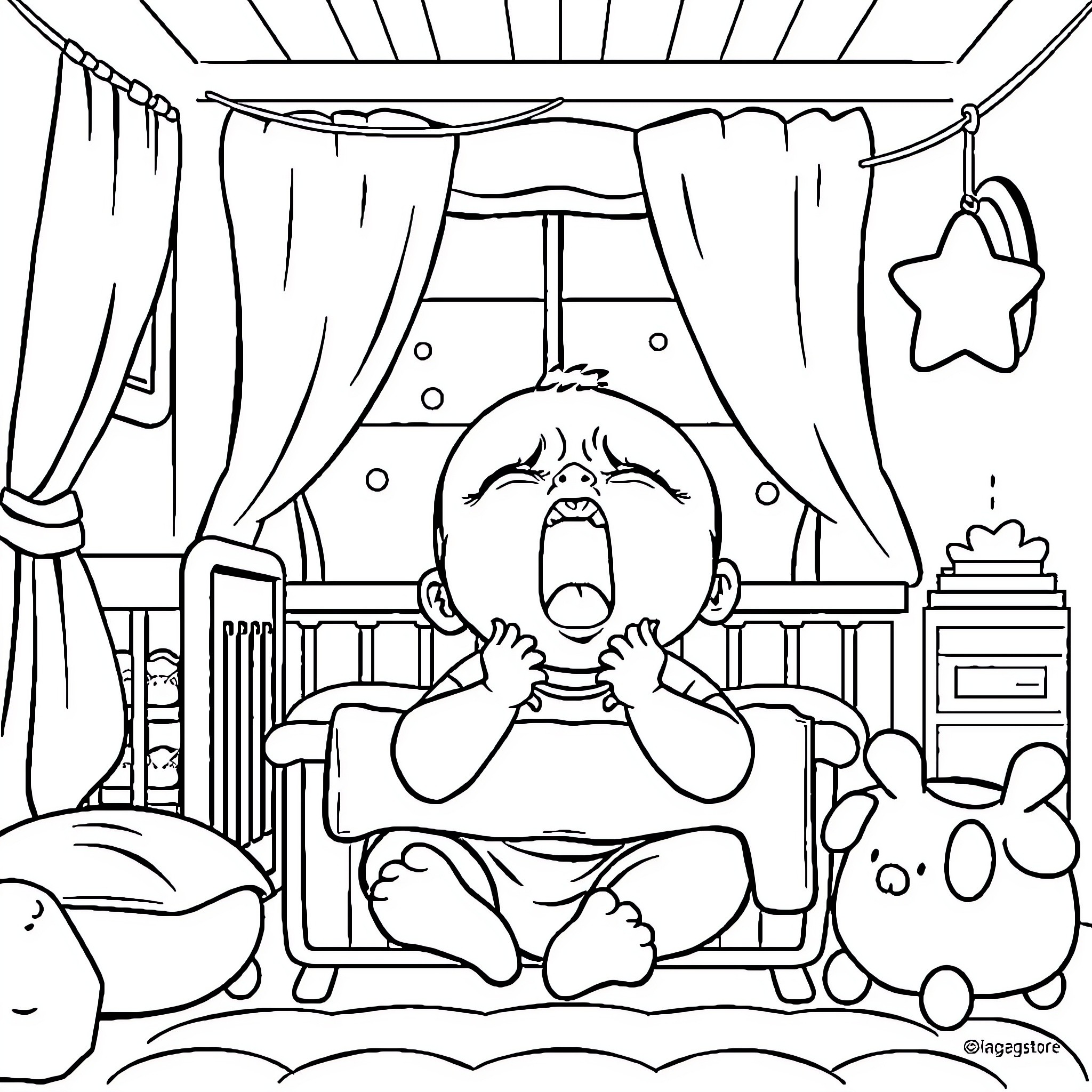 Baby Crying in Crib with Toys Coloring Page (free black-and-white line drawing printable PDF for all, from beginners to advanced learners, including children, teens, adults, and seniors)
