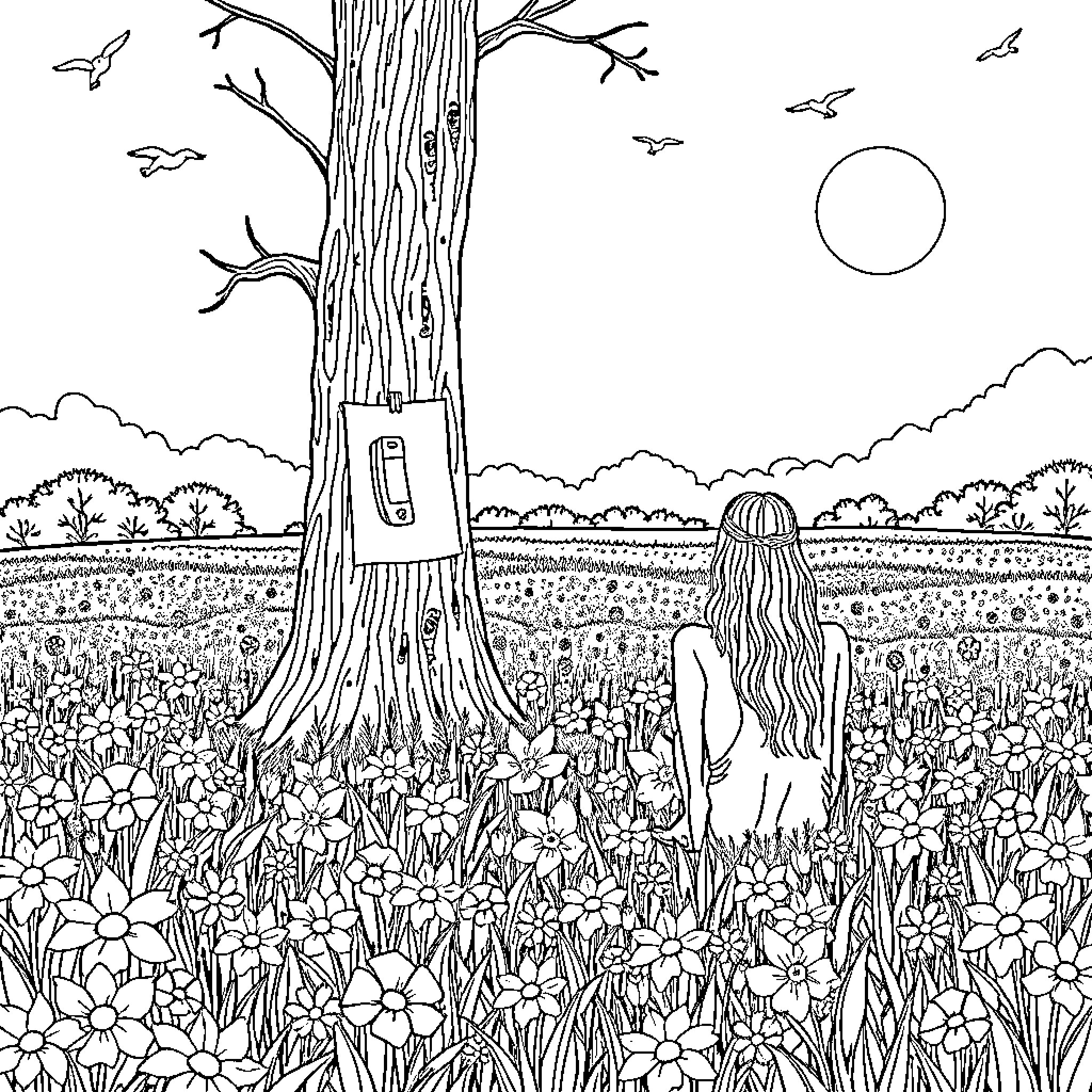 Woman admiring the nature in a serene landscape Coloring Page (free black-and-white line drawing printable PDF for all, from beginners to advanced learners, including children, teens, adults, and seniors)