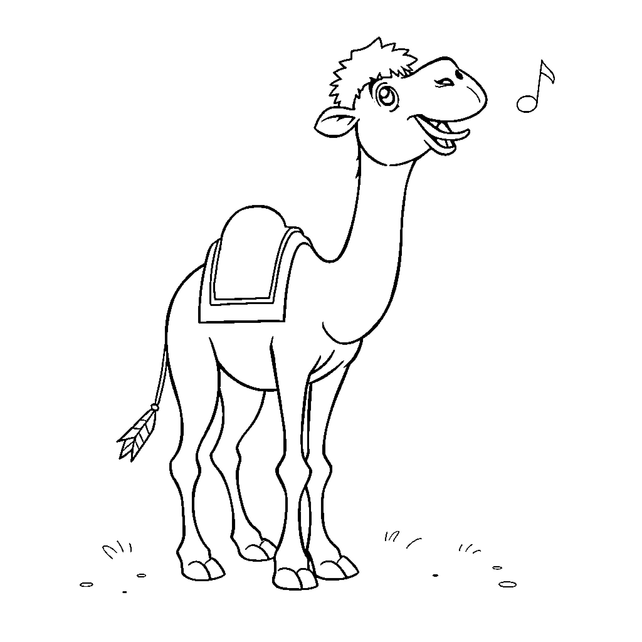 Camel singing a joyful tune Coloring Page (free black-and-white line drawing printable PDF for all, from beginners to advanced learners, including children, teens, adults, and seniors)
