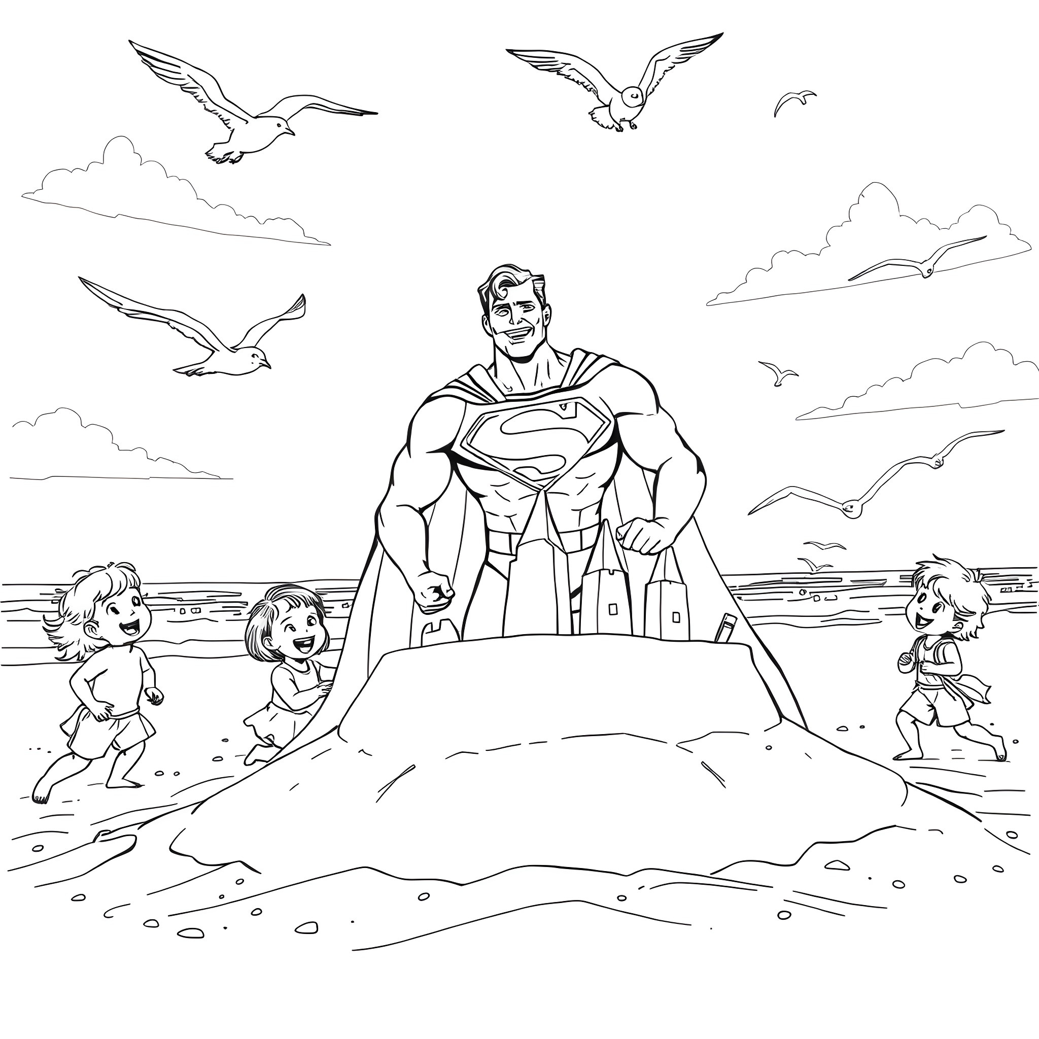 Superman protects children on the beach Coloring Page (free black-and-white line drawing printable PDF for all, from beginners to advanced learners, including children, teens, adults, and seniors)