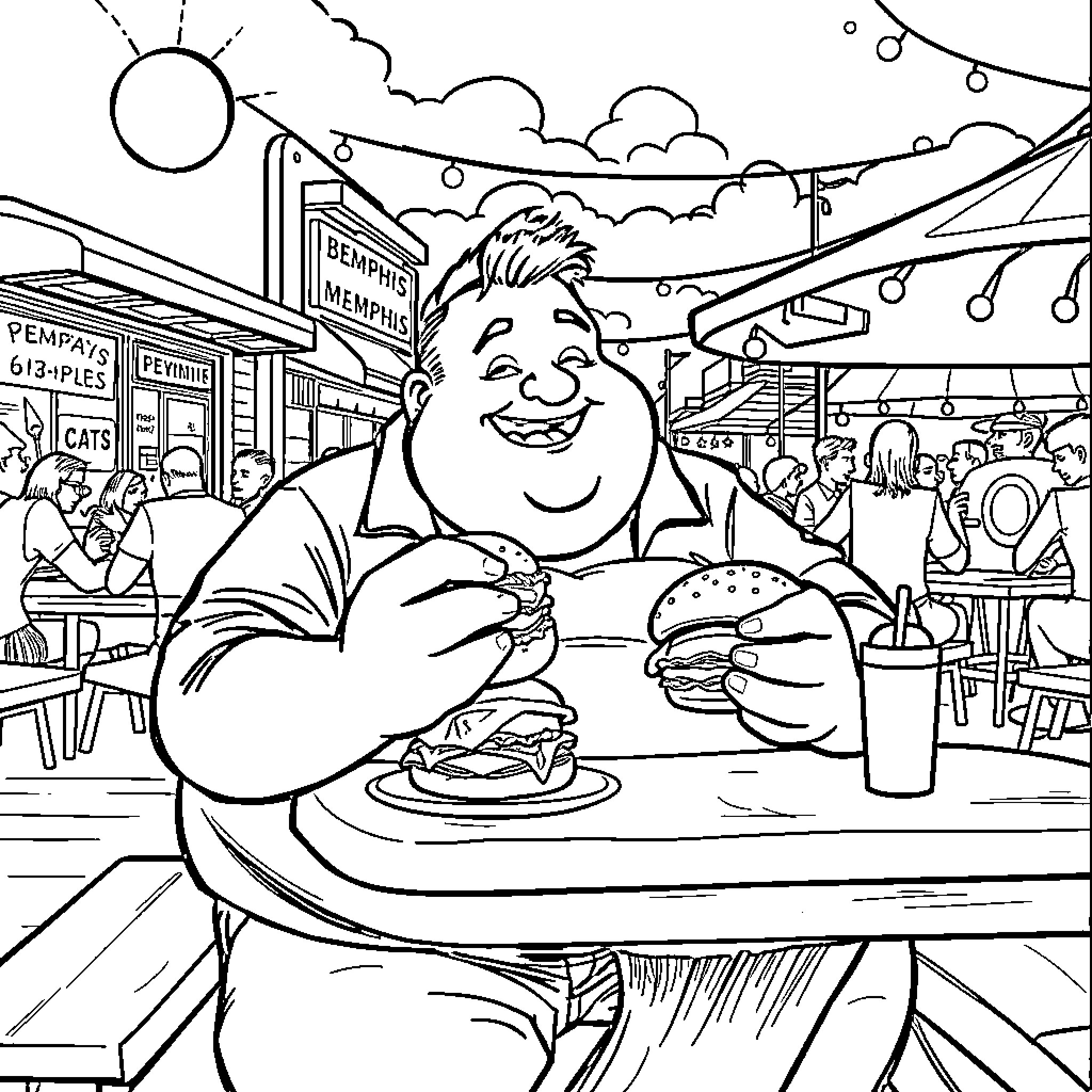 Guy enjoying a tasty burger at the lively diner Coloring Page (free black-and-white line drawing printable PDF for all, from beginners to advanced learners, including children, teens, adults, and seniors)
