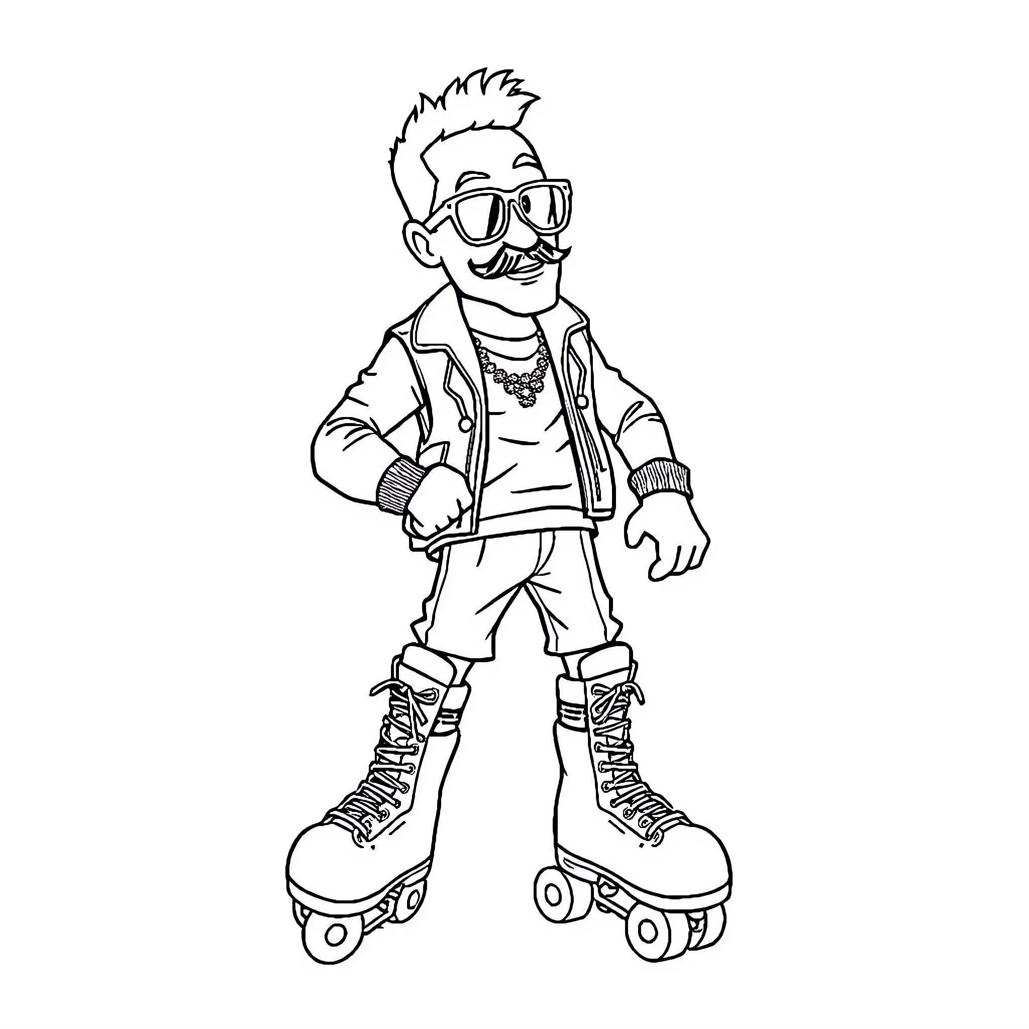 Mr T Roller Skating with Funky Eyewear Coloring Page (free black-and-white line drawing printable PDF for all, from beginners to advanced learners, including children, teens, adults, and seniors)