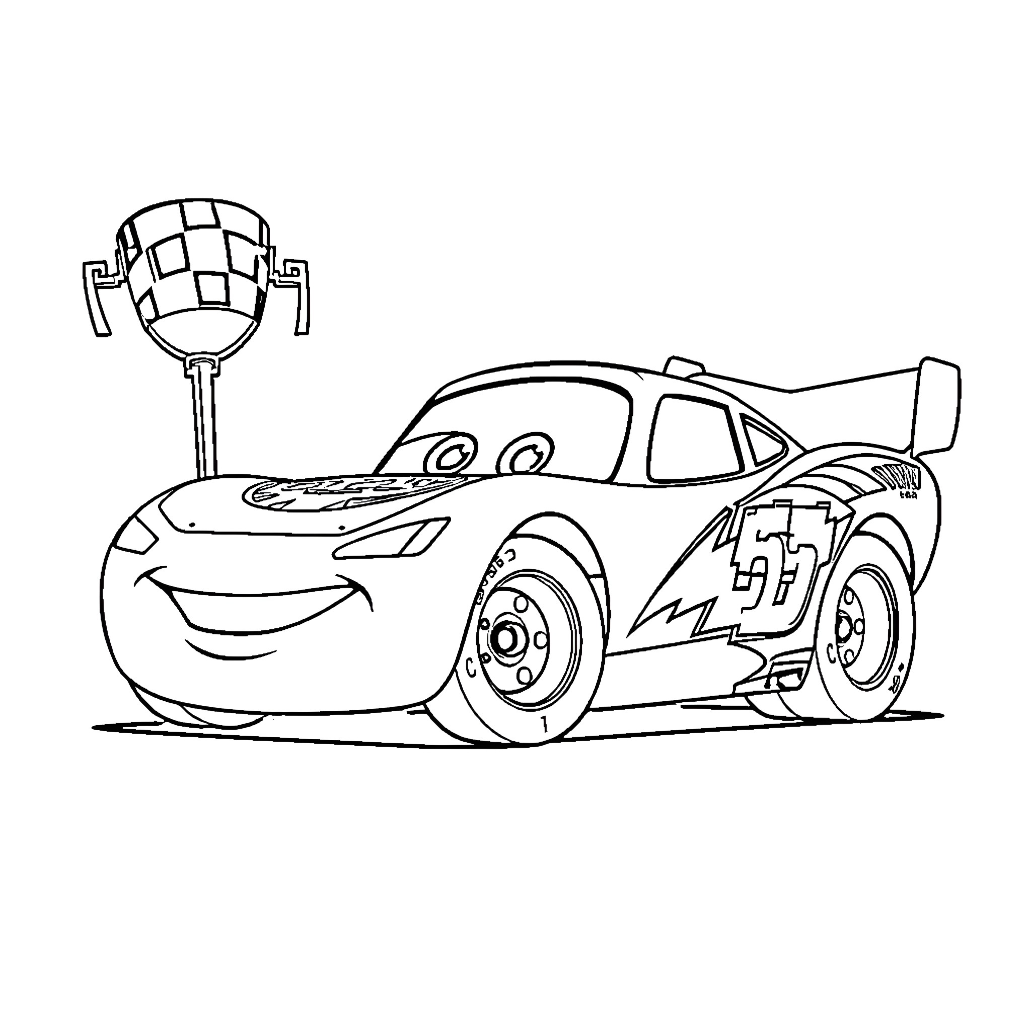 Lightning McQueen racing with trophy cup Coloring Page (free black-and-white line drawing printable PDF for all, from beginners to advanced learners, including children, teens, adults, and seniors)