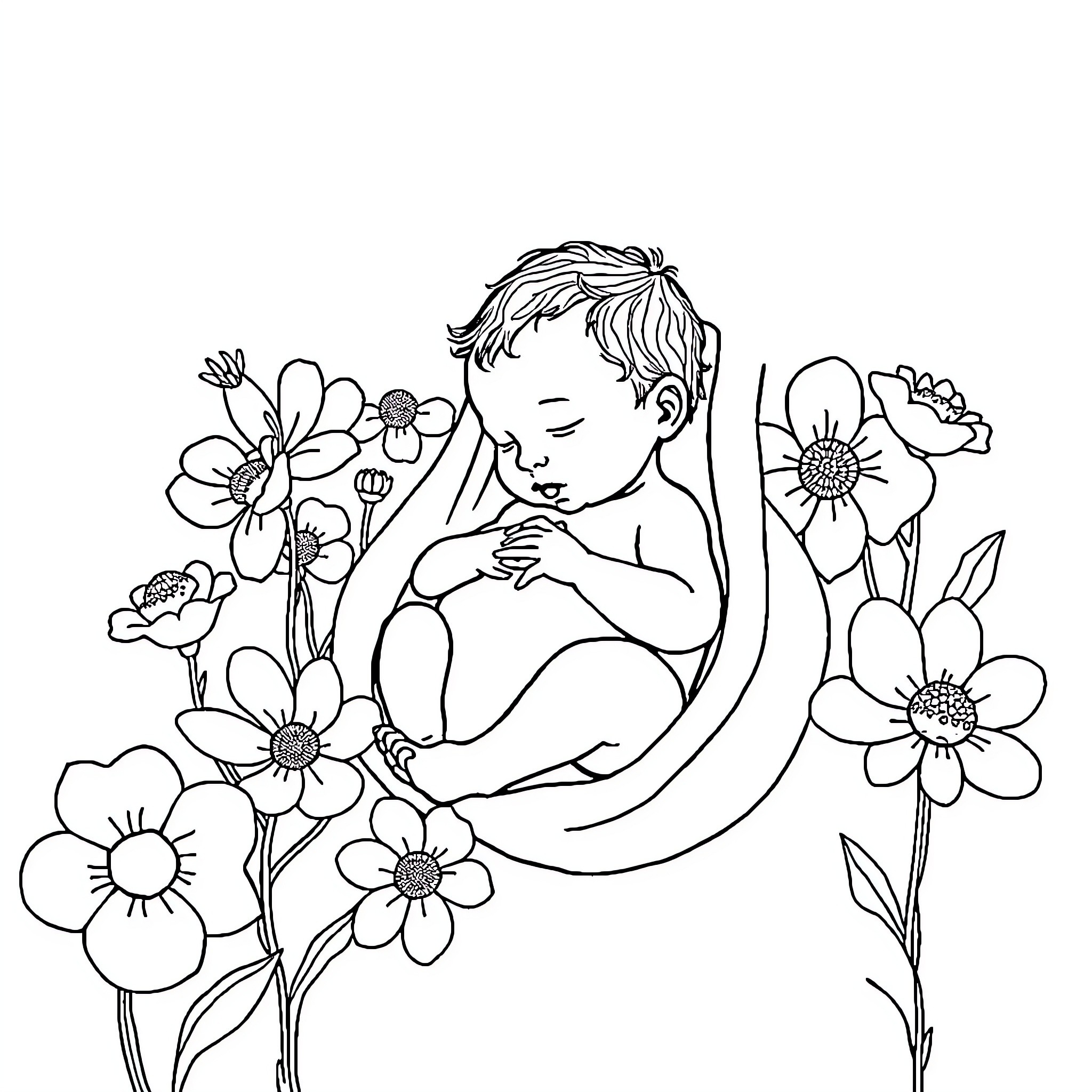 Baby playing amidst blooming flowers Coloring Page (free black-and-white line drawing printable PDF for all, from beginners to advanced learners, including children, teens, adults, and seniors)