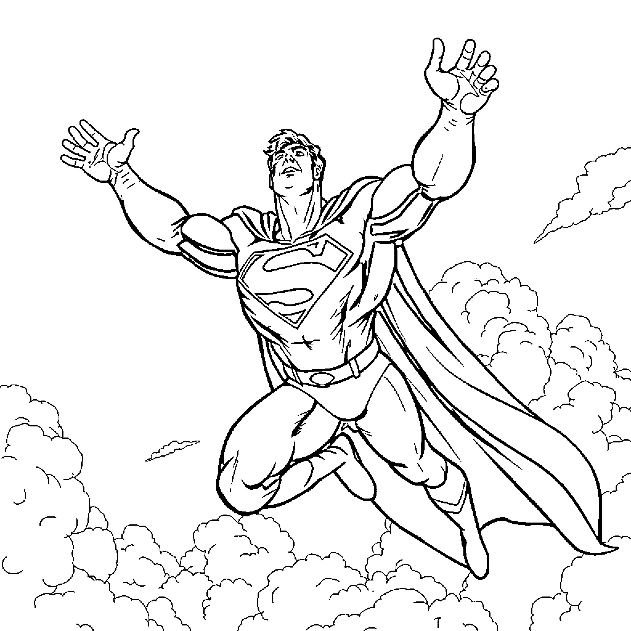 Superman soaring through the clouds with outstretched arms Coloring Page (free black-and-white line drawing printable PDF for all, from beginners to advanced learners, including children, teens, adults, and seniors)