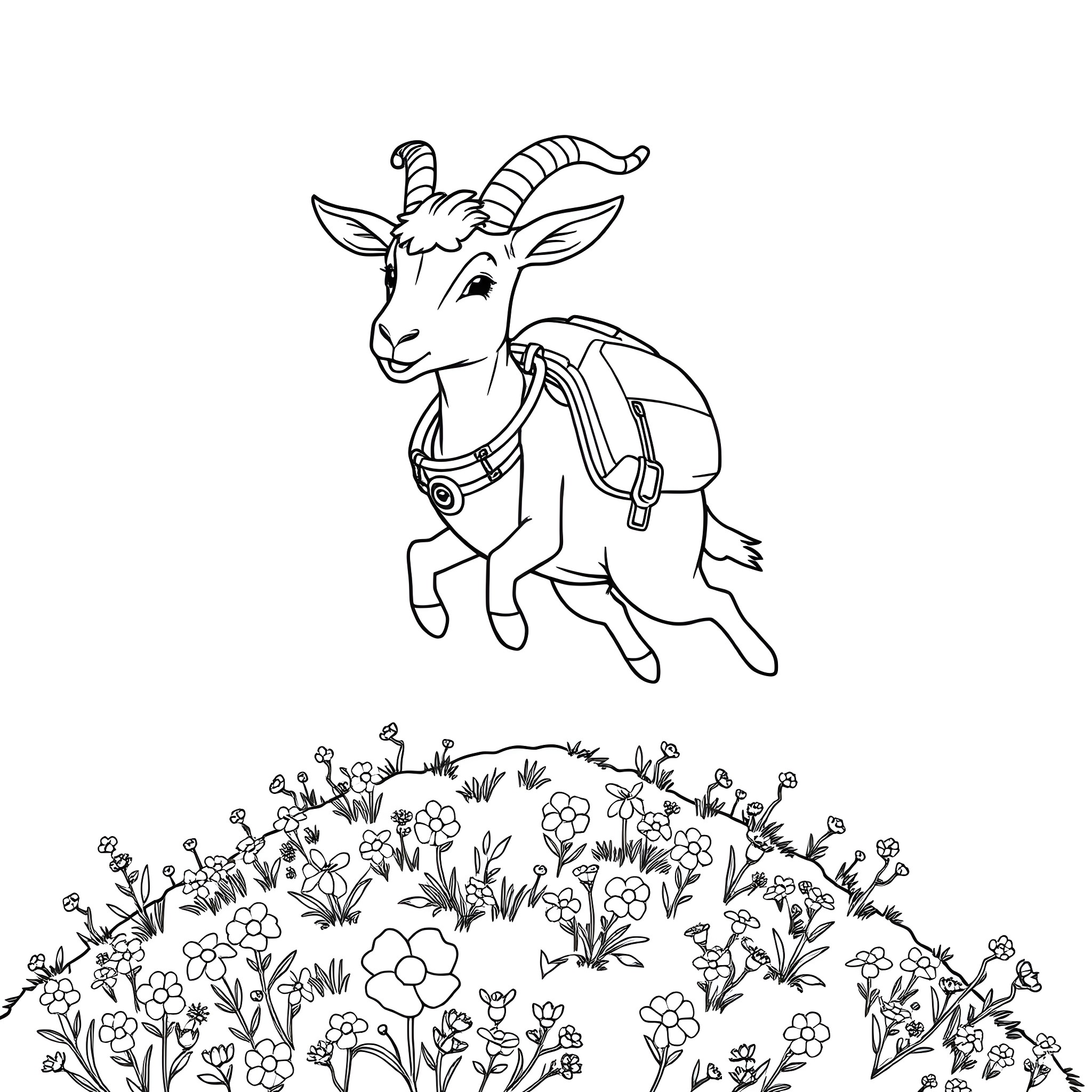 Goat jumping playfully through wildflowers Coloring Page (free black-and-white line drawing printable PDF for all, from beginners to advanced learners, including children, teens, adults, and seniors)