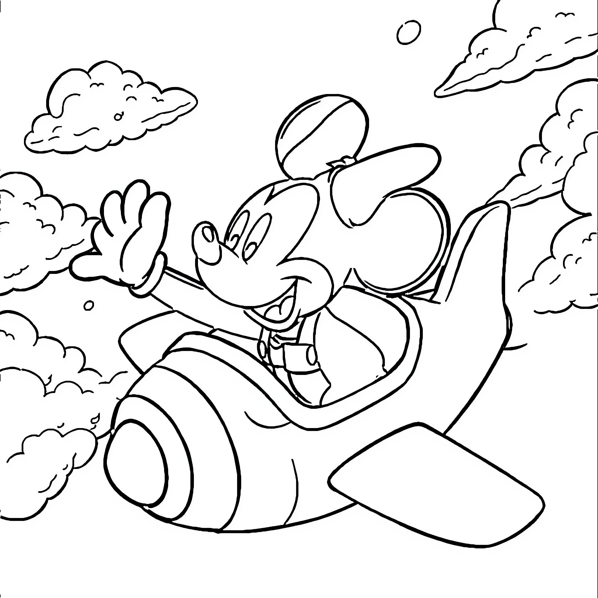 Mickey flying a plane in the sky Coloring Page (free black-and-white line drawing printable PDF for all, from beginners to advanced learners, including children, teens, adults, and seniors)