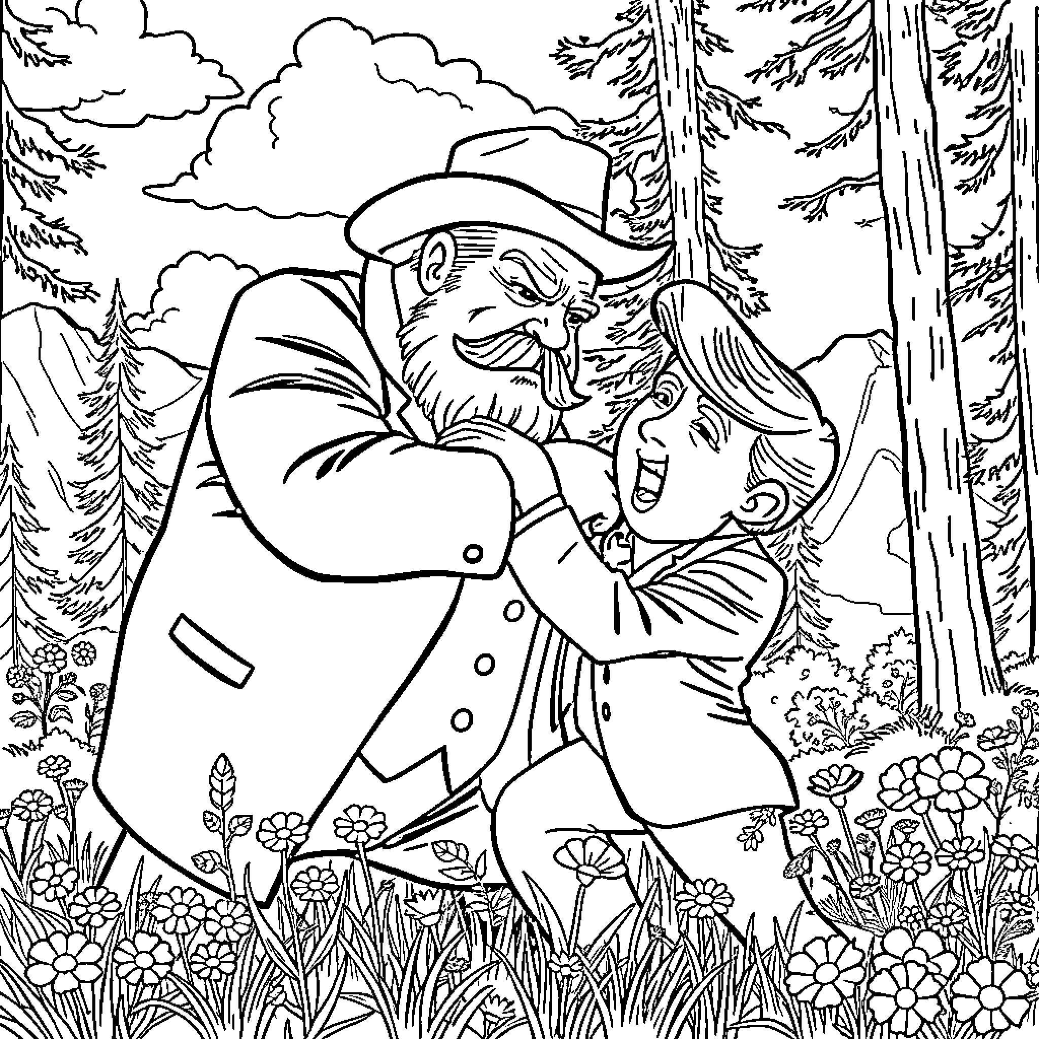 Teddy Roosevelt interacting with a young person in a forest setting Coloring Page (free black-and-white line drawing printable PDF for all, from beginners to advanced learners, including children, teens, adults, and seniors)