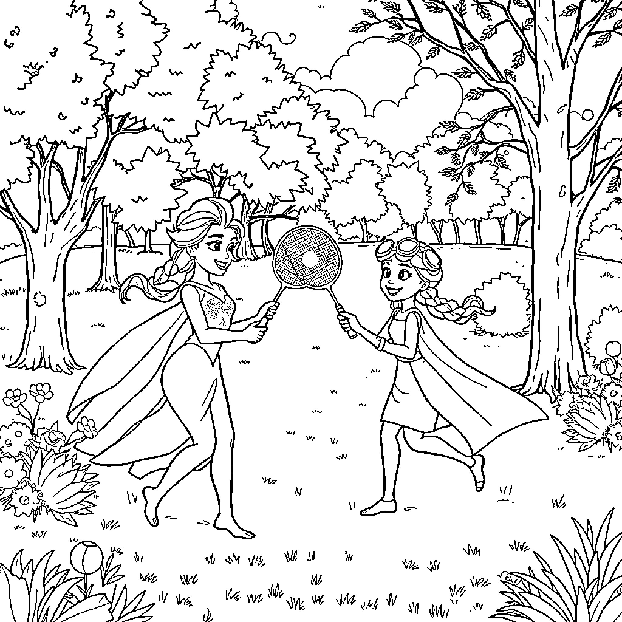 Bluey and Friends Explore the Enchanted Forest Coloring Page (free black-and-white line drawing printable PDF for all, from beginners to advanced learners, including children, teens, adults, and seniors)