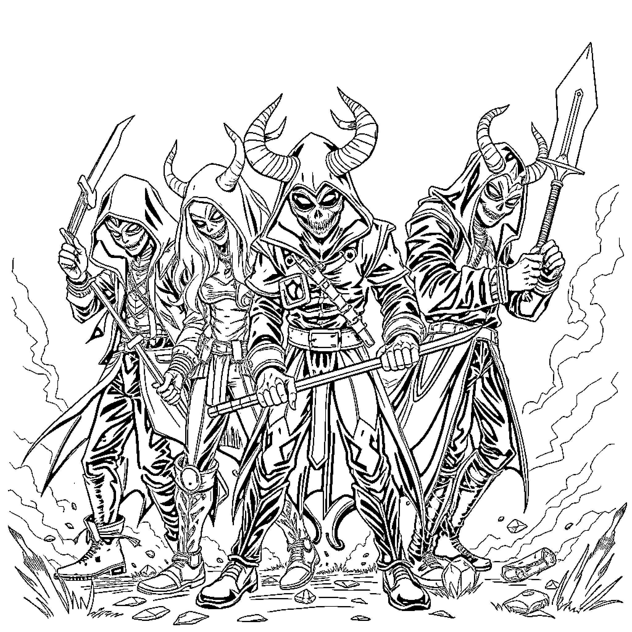 Demon Hunters in Battle Stance Coloring Page (free black-and-white line drawing printable PDF for all, from beginners to advanced learners, including children, teens, adults, and seniors)