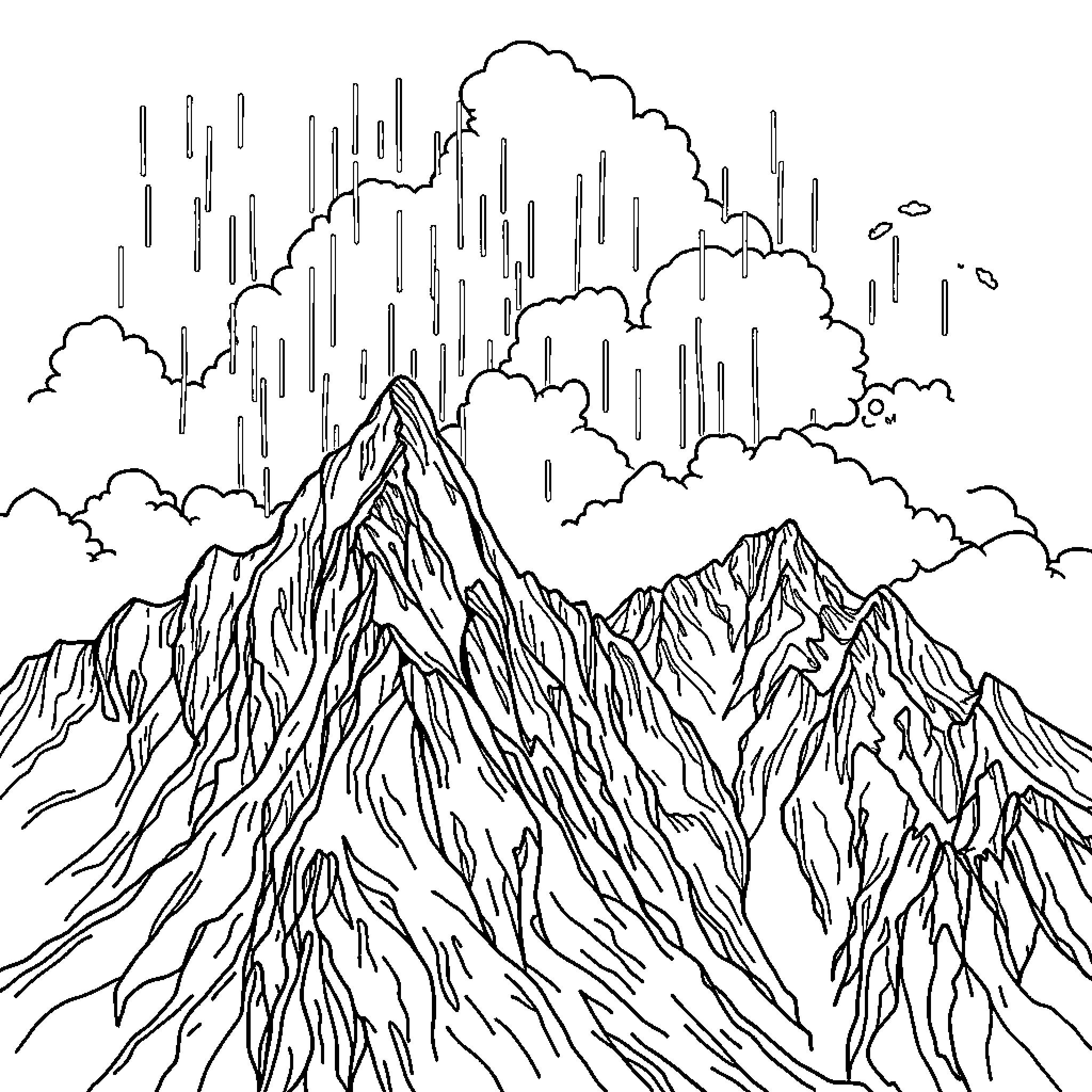 Mountain Peaks in Stormy Weather Coloring Page (free black-and-white line drawing printable PDF for all, from beginners to advanced learners, including children, teens, adults, and seniors)