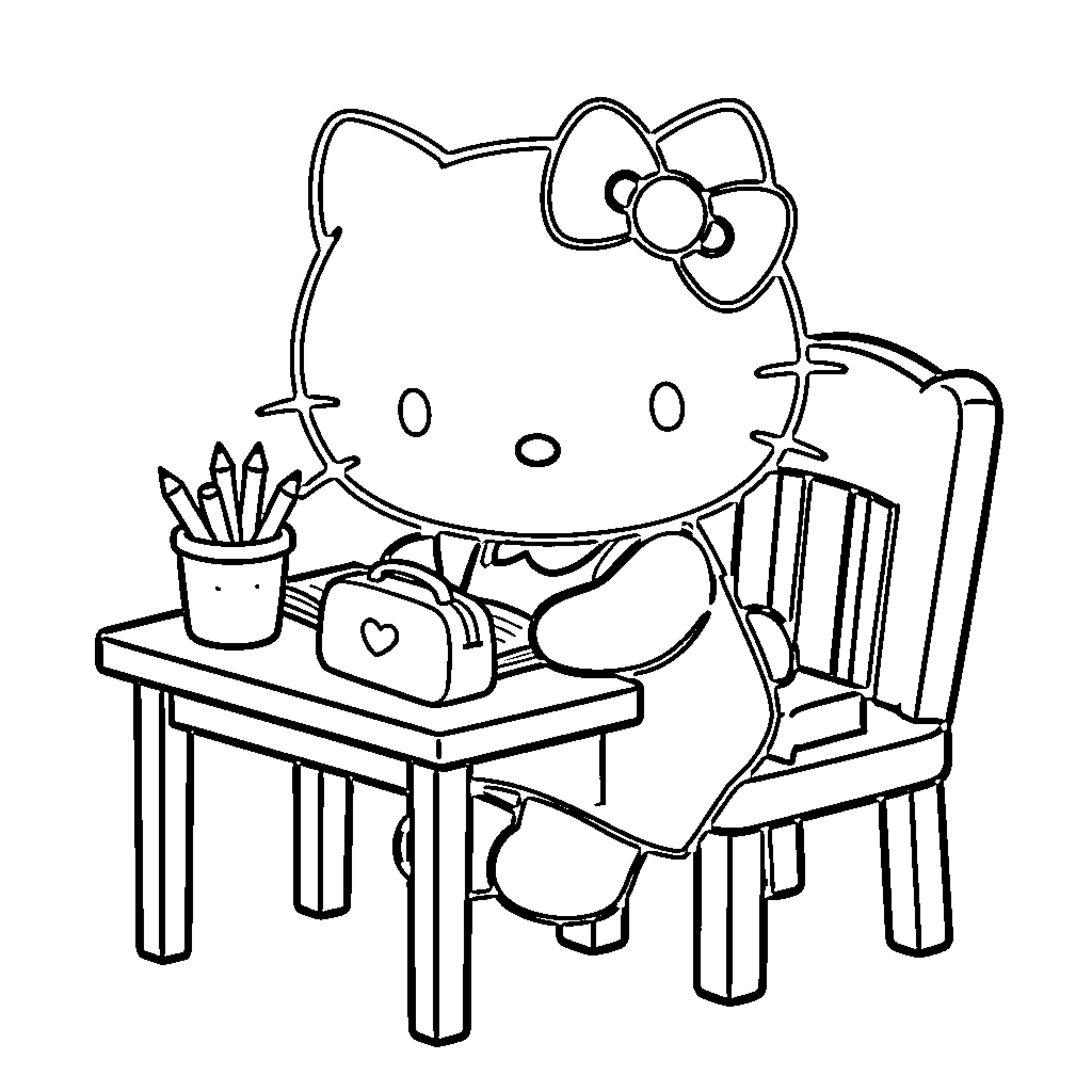 Hello Kitty enjoying a cozy study session Coloring Page (free black-and-white line drawing printable PDF for all, from beginners to advanced learners, including children, teens, adults, and seniors)