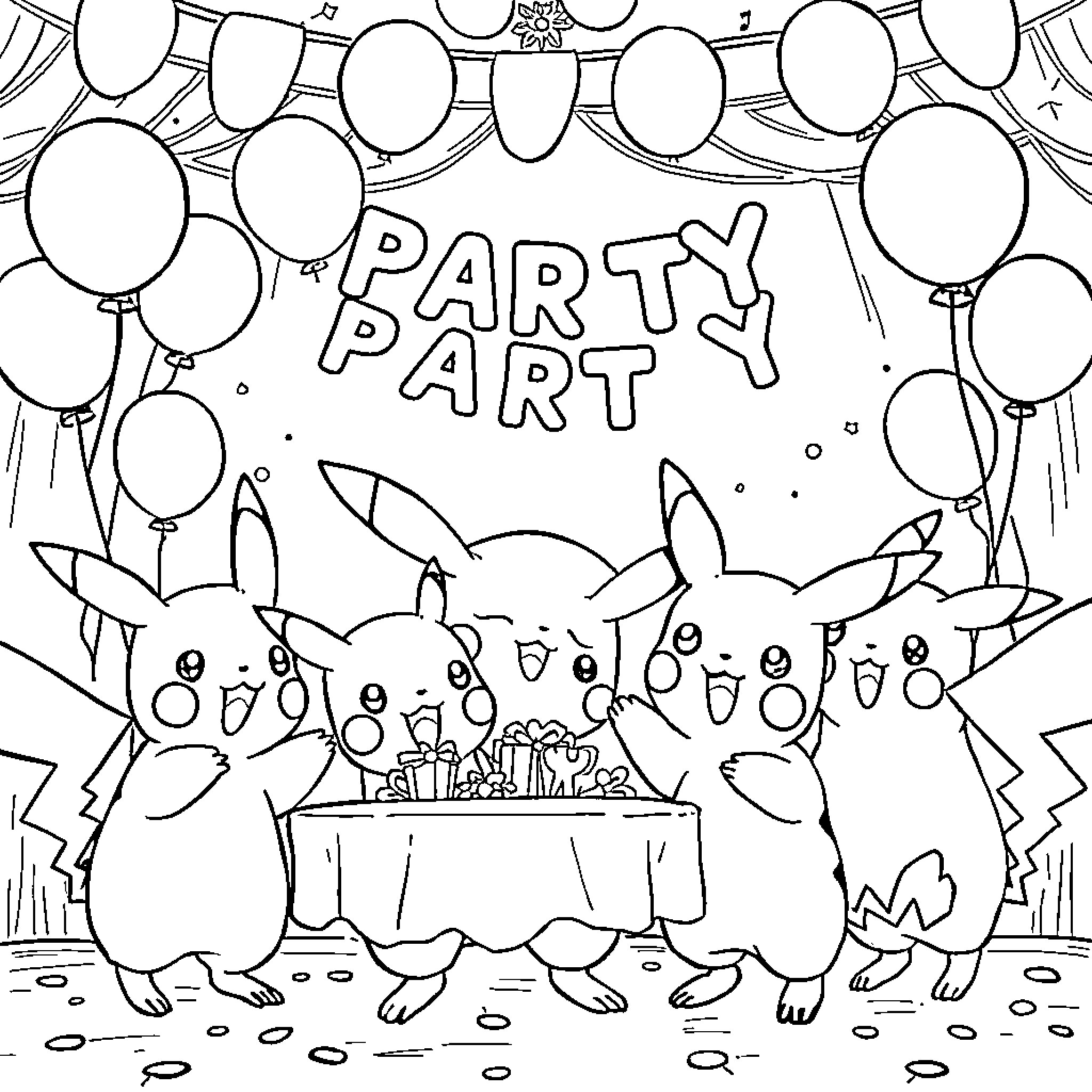 Pikachu having a party with other Pikachus Coloring Page (free black-and-white line drawing printable PDF for all, from beginners to advanced learners, including children, teens, adults, and seniors)