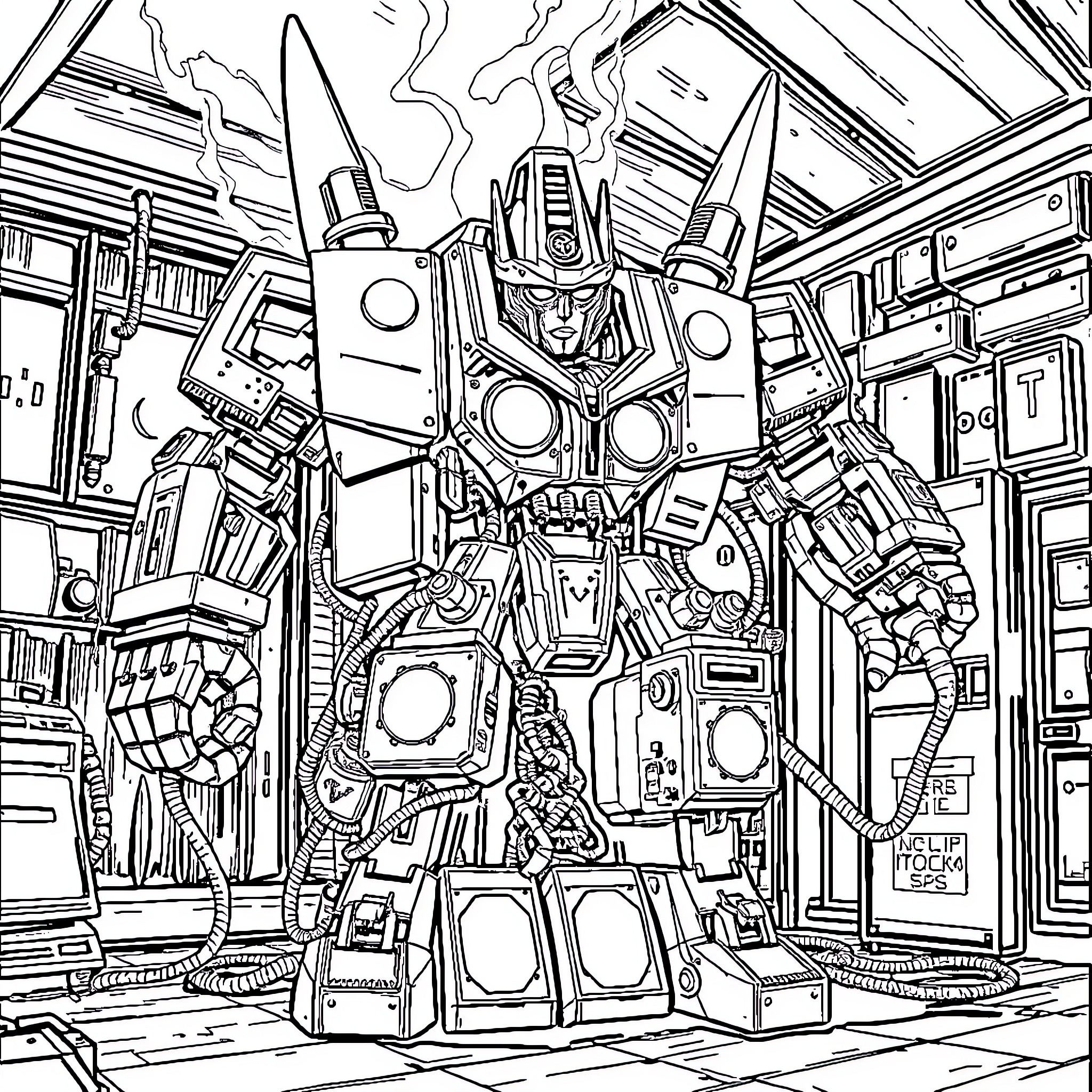 Alastor's Robotic Fortress in Sci-Fi Cityscape Coloring Page (free black-and-white line drawing printable PDF for all, from beginners to advanced learners, including children, teens, adults, and seniors)