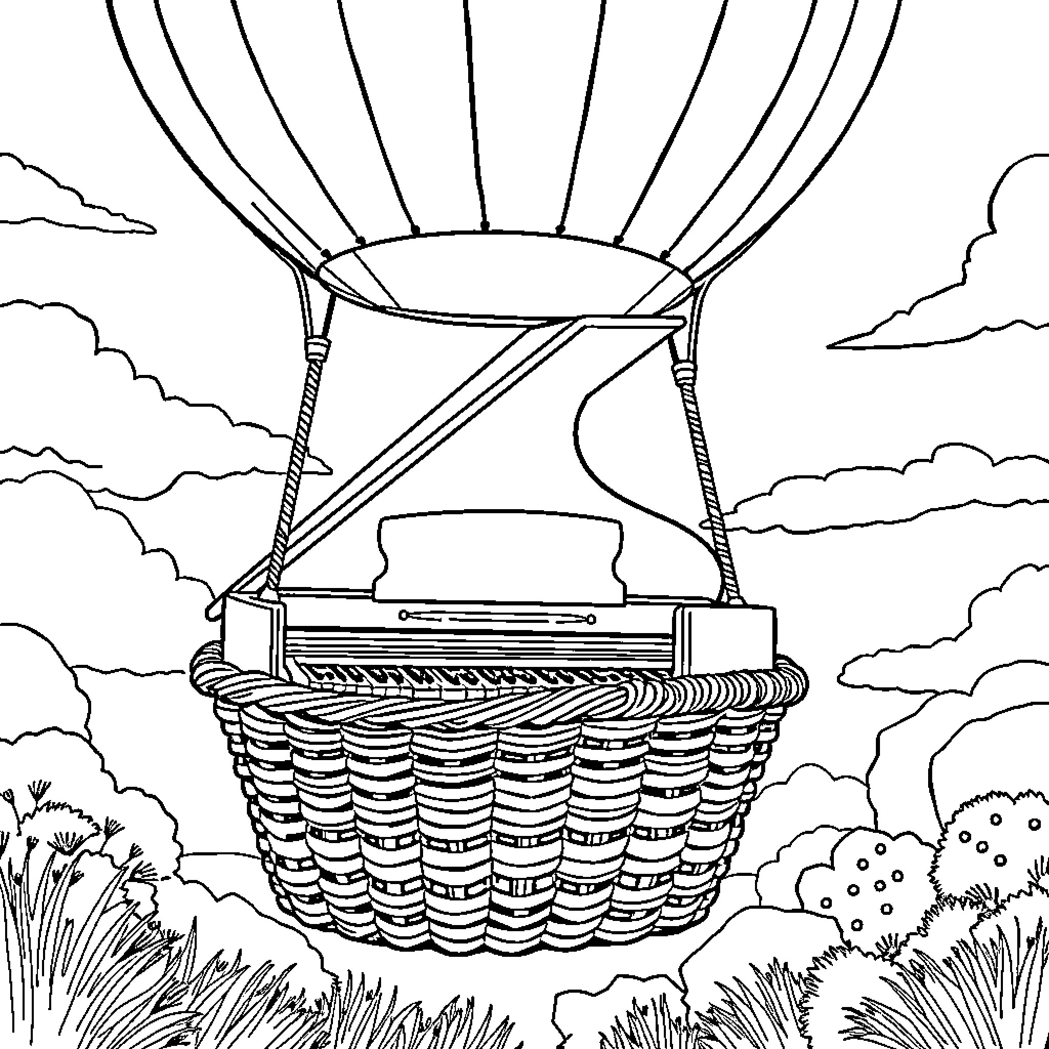Piano in a hot air balloon above the clouds Coloring Page (free black-and-white line drawing printable PDF for all, from beginners to advanced learners, including children, teens, adults, and seniors)