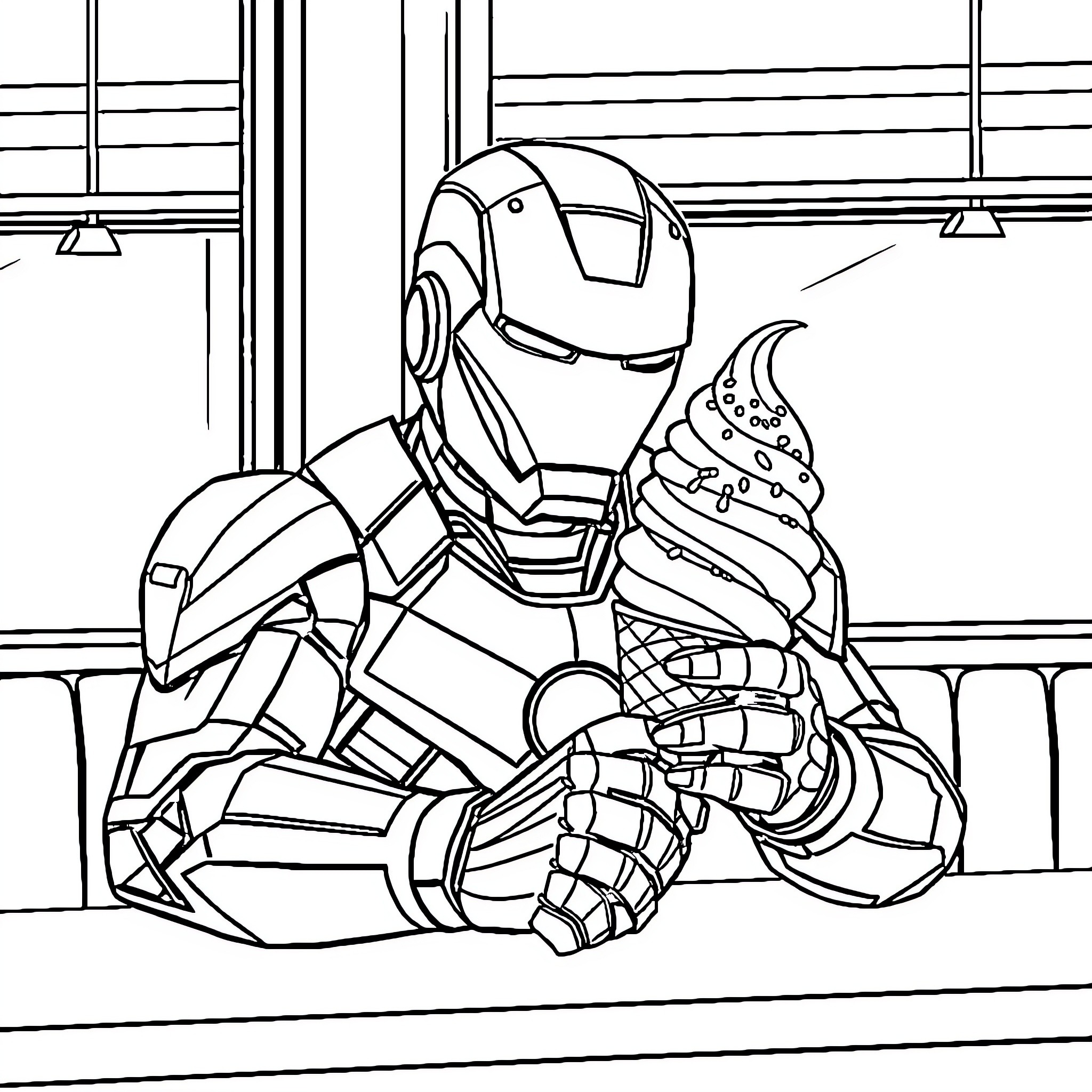 Ironman Sitting Peacefully in Contemplation Coloring Page (free black-and-white line drawing printable PDF for all, from beginners to advanced learners, including children, teens, adults, and seniors)