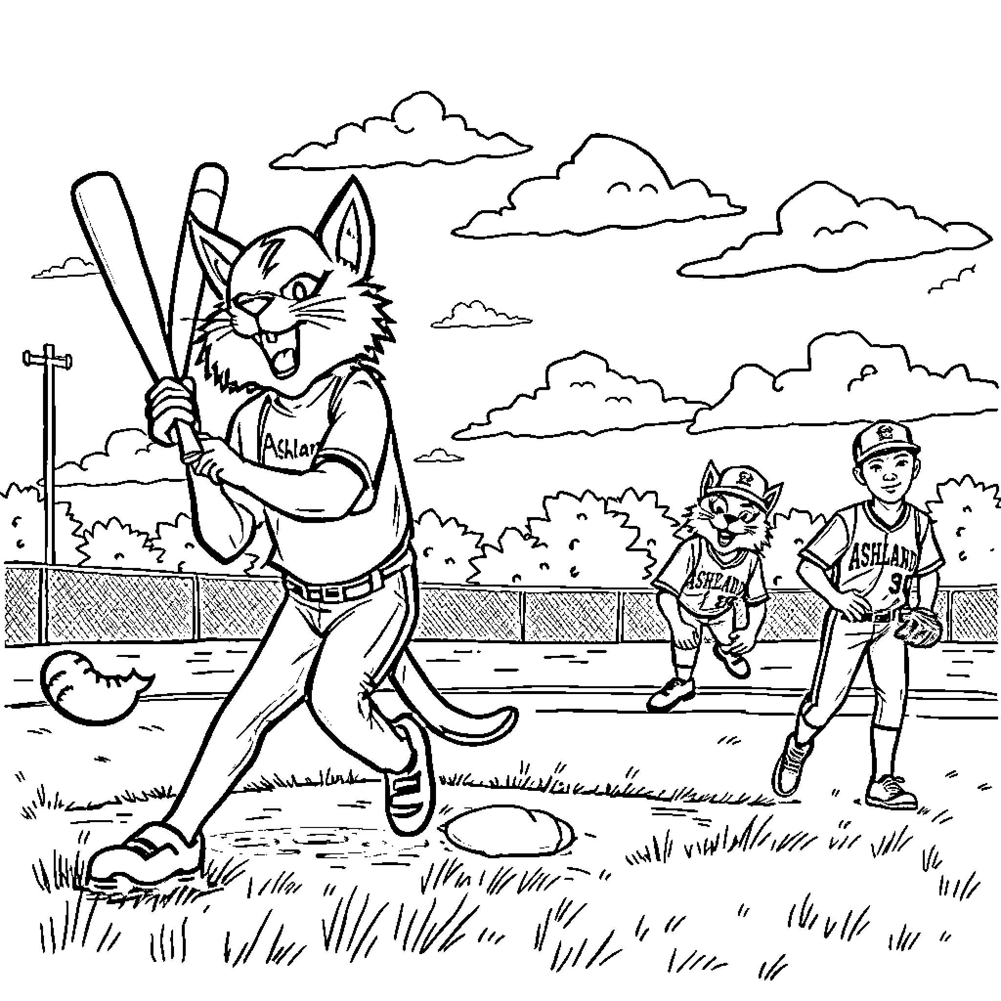 Tomcat playing baseball with young players on the field Coloring Page (free black-and-white line drawing printable PDF for all, from beginners to advanced learners, including children, teens, adults, and seniors)