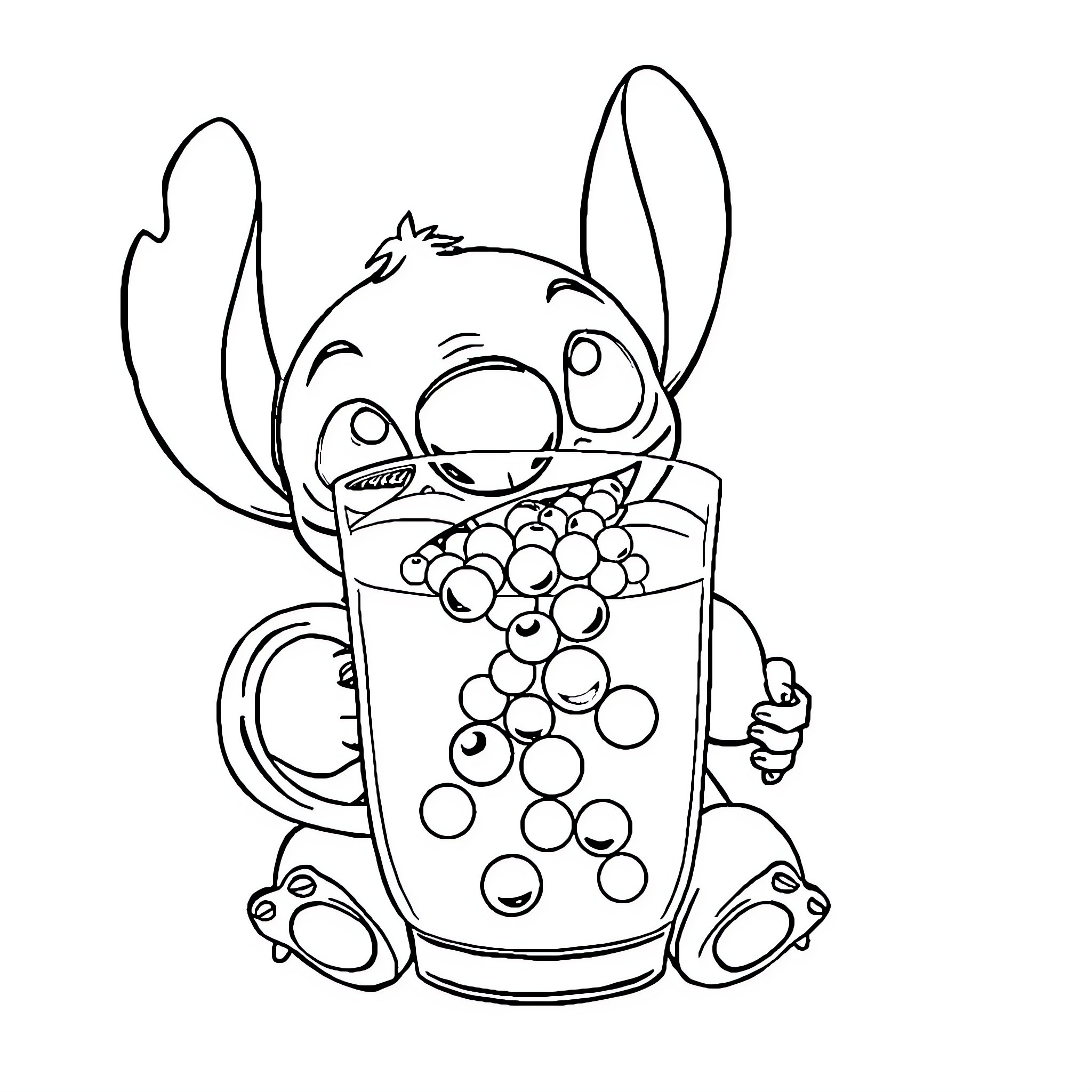 Stitch drinking bubbly beverage happily Coloring Page (free black-and-white line drawing printable PDF for all, from beginners to advanced learners, including children, teens, adults, and seniors)