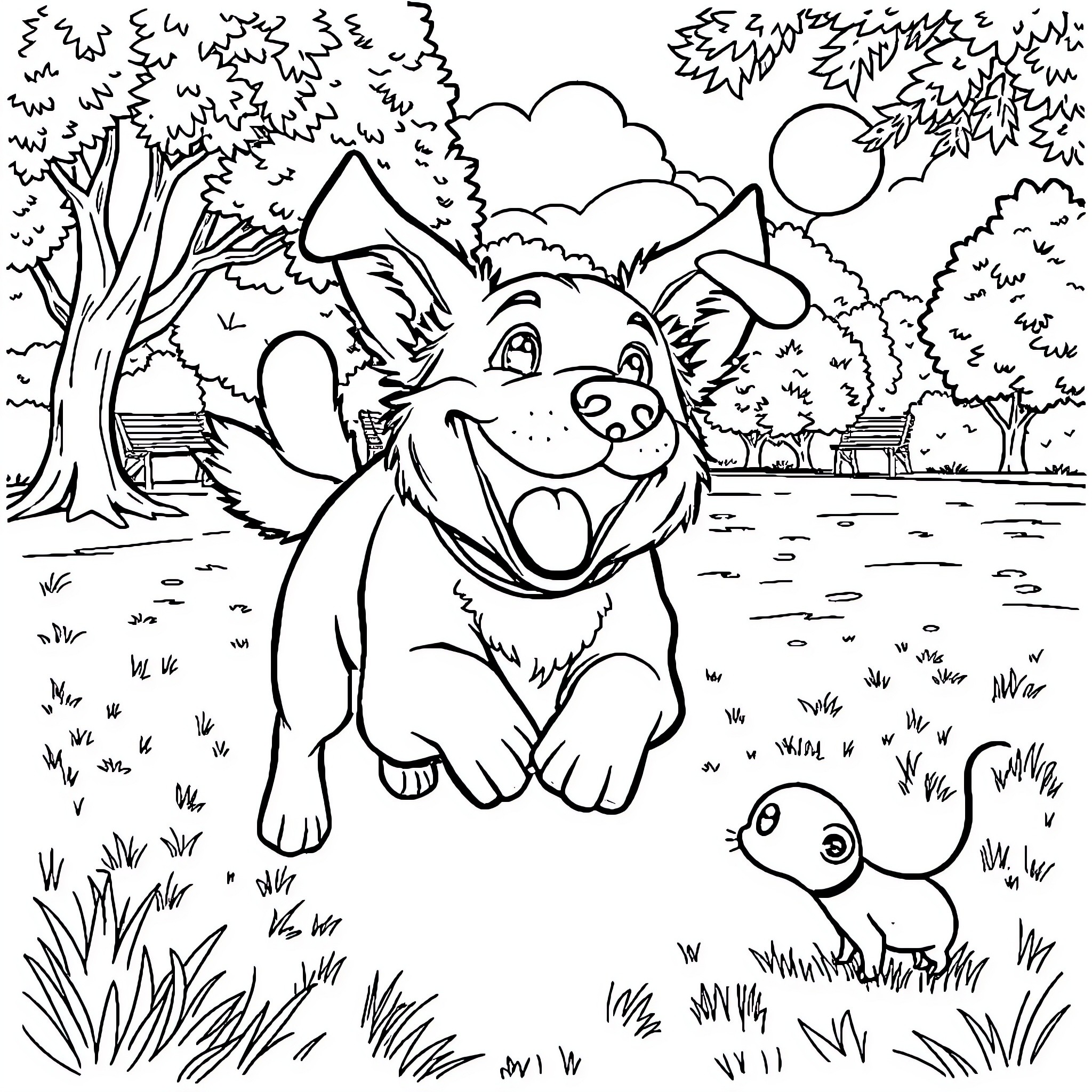 Dog happily playing in the park Coloring Page (free black-and-white line drawing printable PDF for all, from beginners to advanced learners, including children, teens, adults, and seniors)