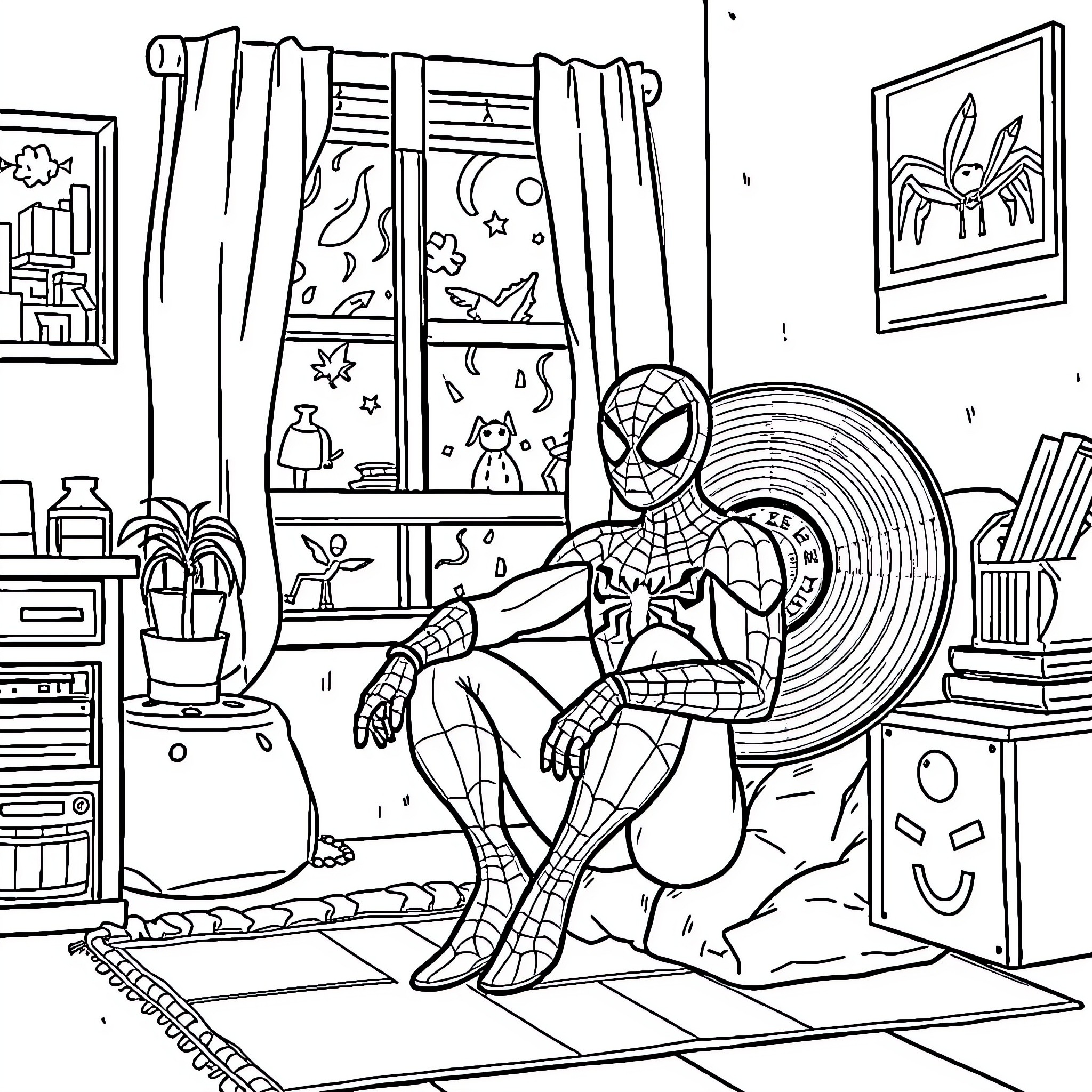 Spiderman relaxing in his bedroom Coloring Page (free black-and-white line drawing printable PDF for all, from beginners to advanced learners, including children, teens, adults, and seniors)
