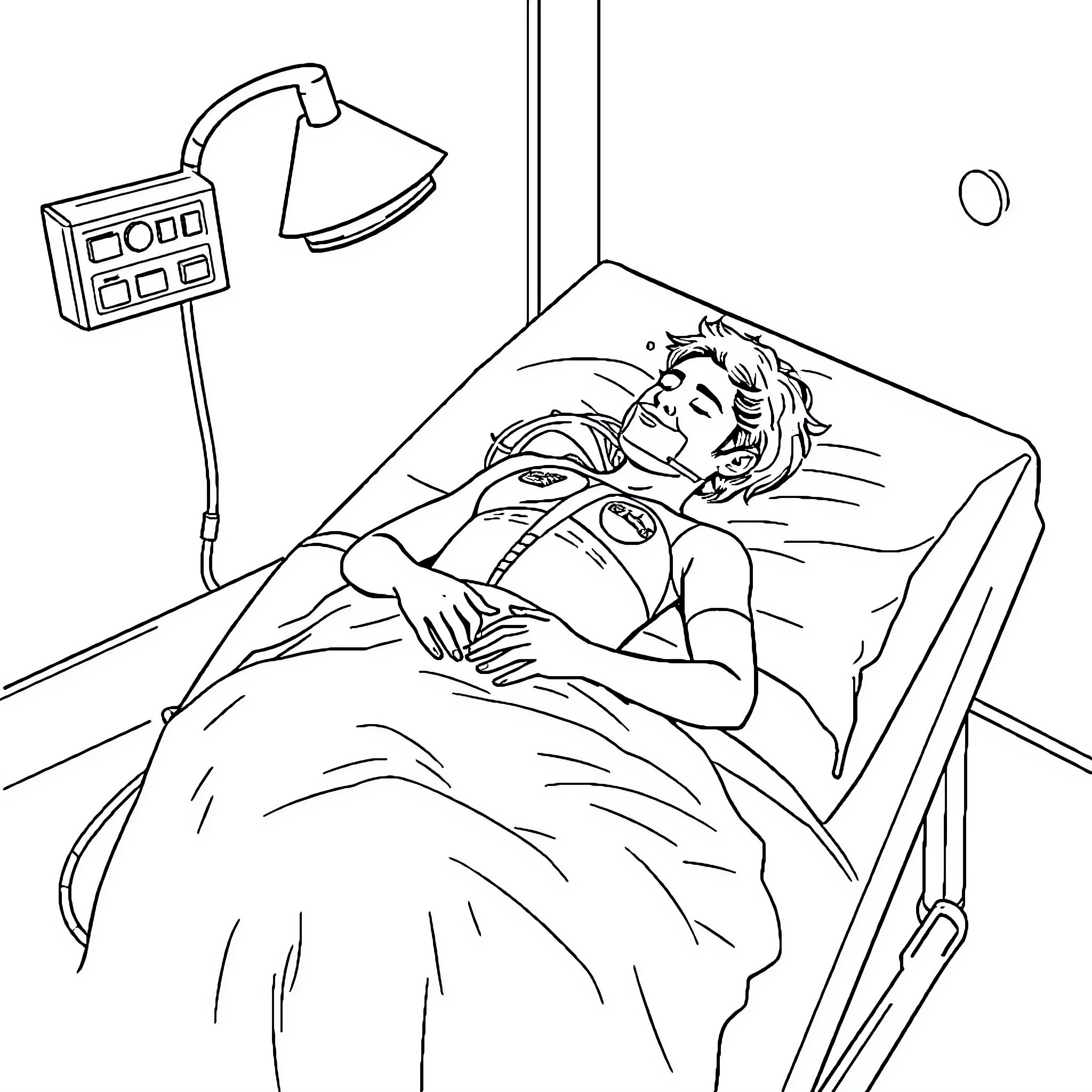 Persona of a person resting in hospital bed Coloring Page (free black-and-white line drawing printable PDF for all, from beginners to advanced learners, including children, teens, adults, and seniors)