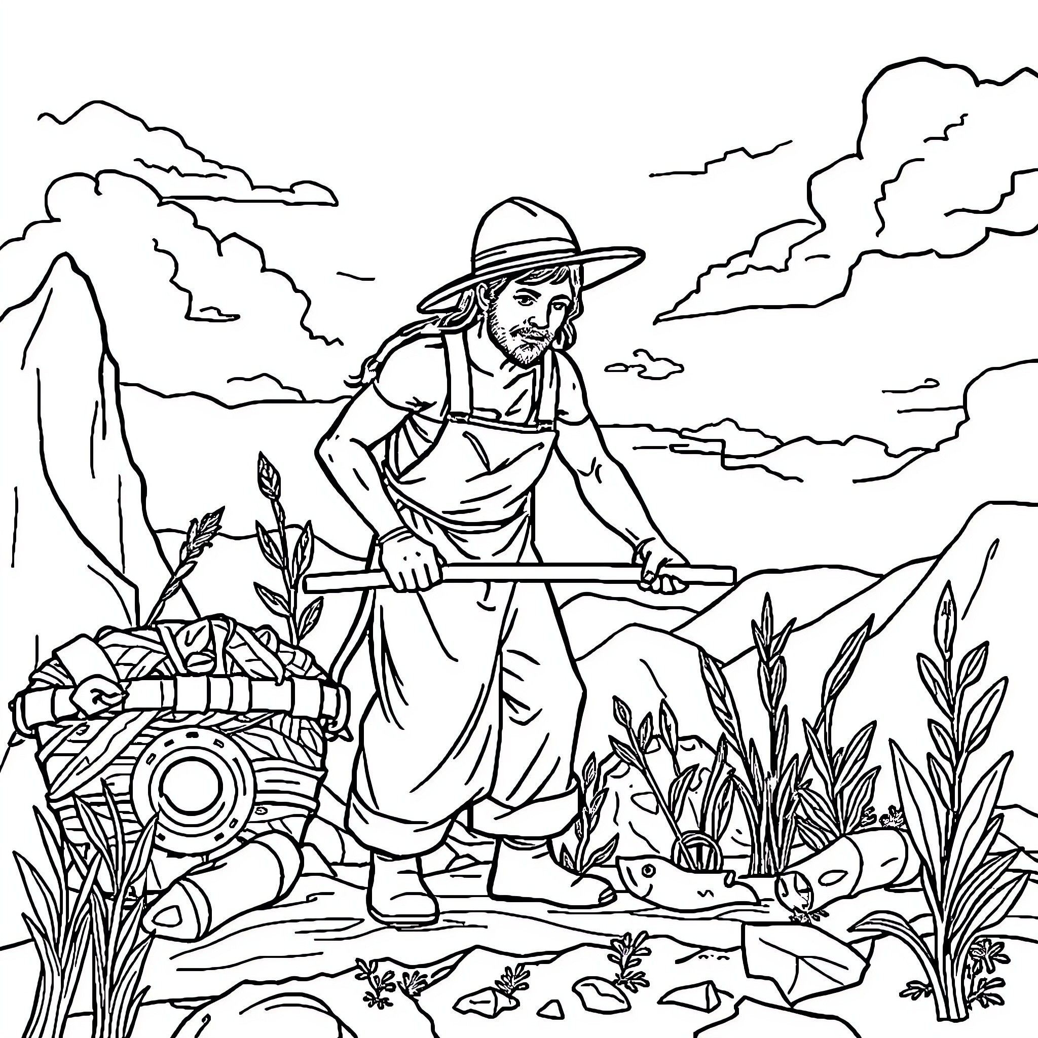 Primary Sector: Farmer tending to crops in rural landscape Coloring Page (free black-and-white line drawing printable PDF for all, from beginners to advanced learners, including children, teens, adults, and seniors)