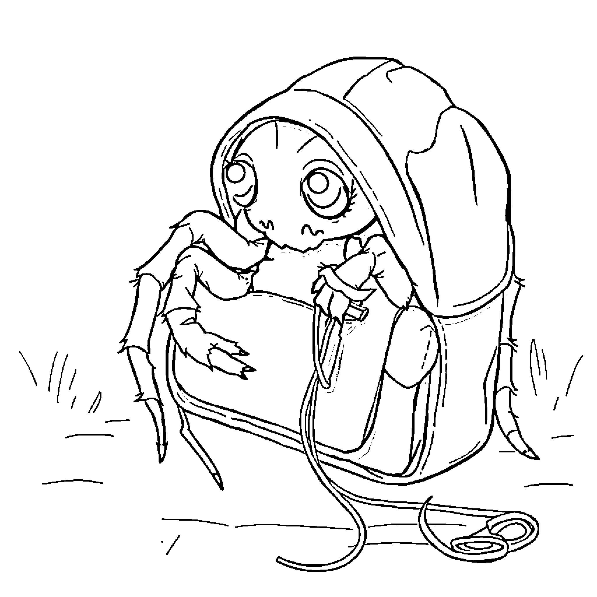 Spider-like creature scurrying on the ground Coloring Page (free black-and-white line drawing printable PDF for all, from beginners to advanced learners, including children, teens, adults, and seniors)