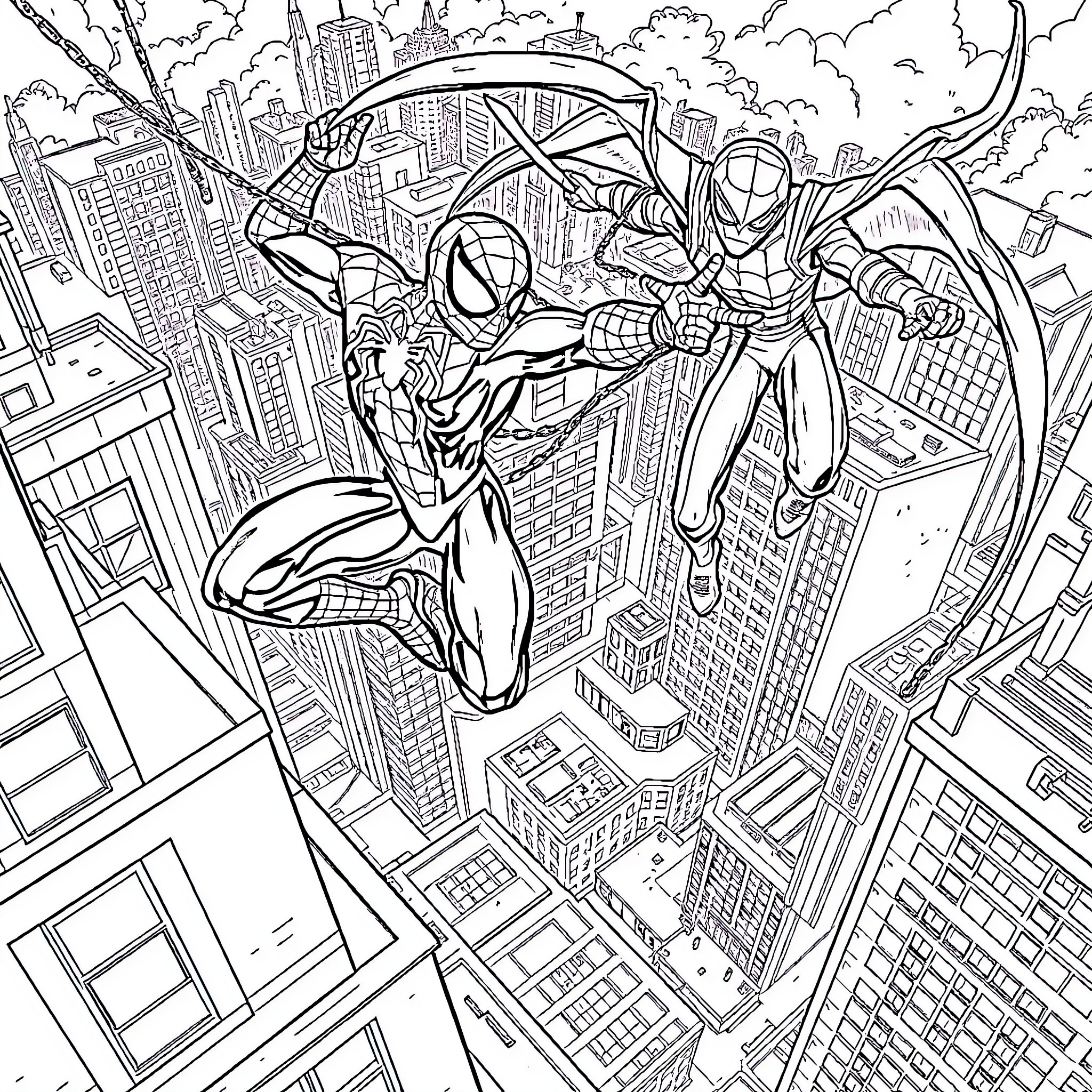 Spider-Man Swinging Through the City Skyline Coloring Page (free black-and-white line drawing printable PDF for all, from beginners to advanced learners, including children, teens, adults, and seniors)