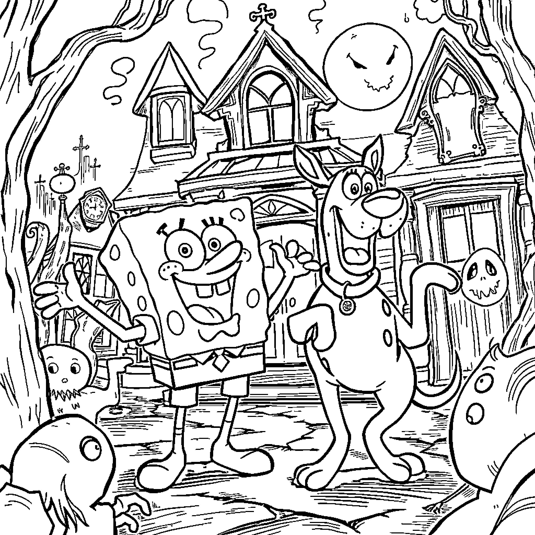 Spongebob and friends in a spooky neighborhood Coloring Page (free black-and-white line drawing printable PDF for all, from beginners to advanced learners, including children, teens, adults, and seniors)