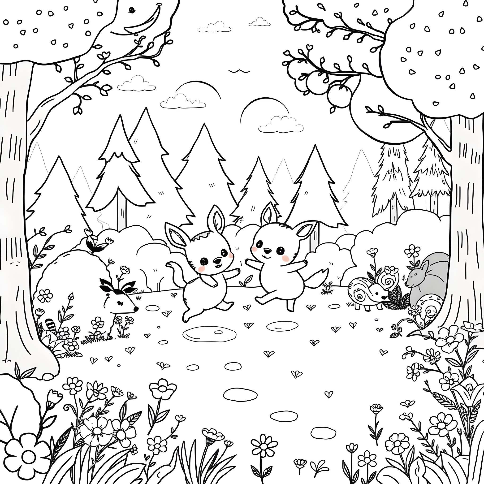 Animal friends frolicking in the forest Coloring Page (free black-and-white line drawing printable PDF for all, from beginners to advanced learners, including children, teens, adults, and seniors)