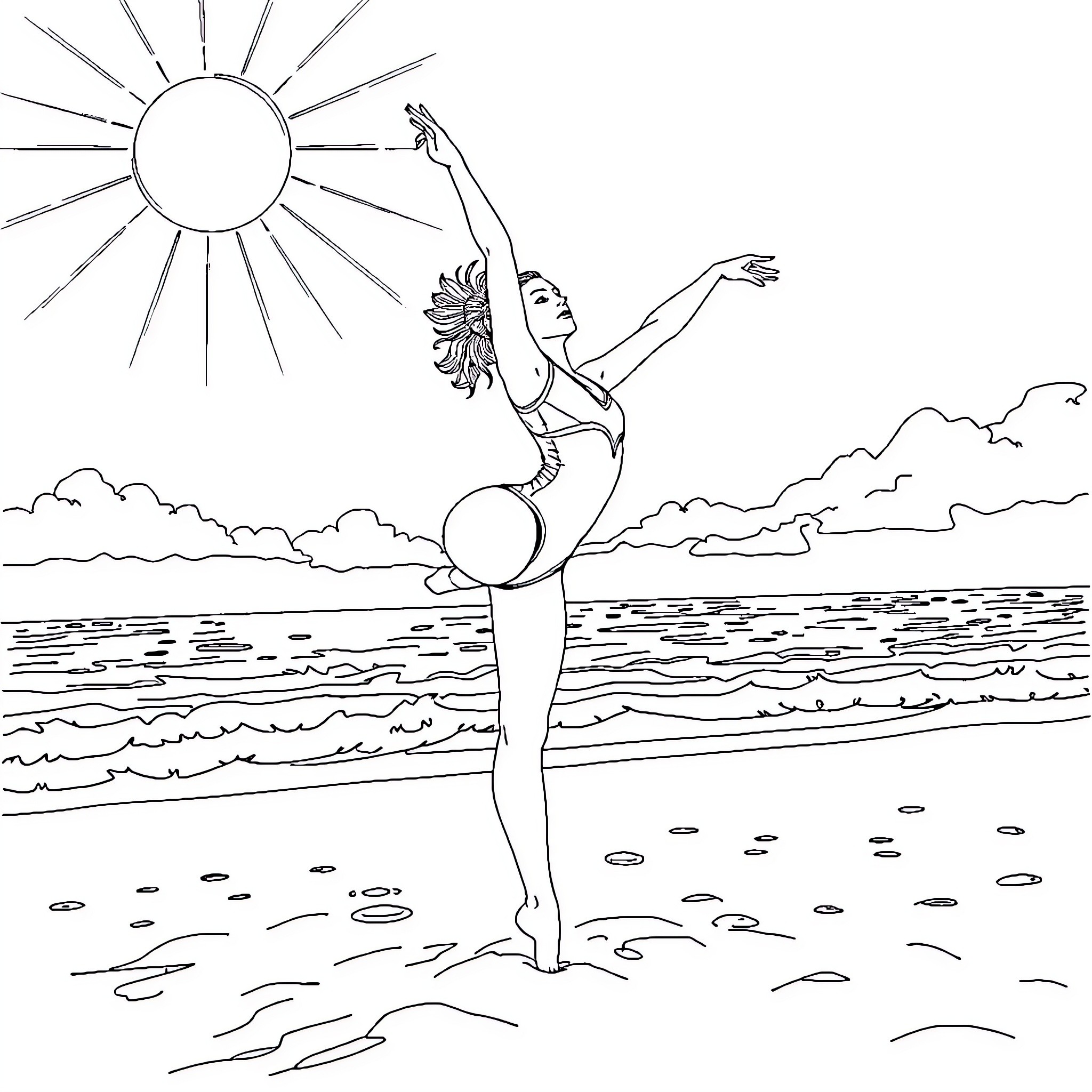 Gymnast performing acrobatics on the beach Coloring Page (free black-and-white line drawing printable PDF for all, from beginners to advanced learners, including children, teens, adults, and seniors)