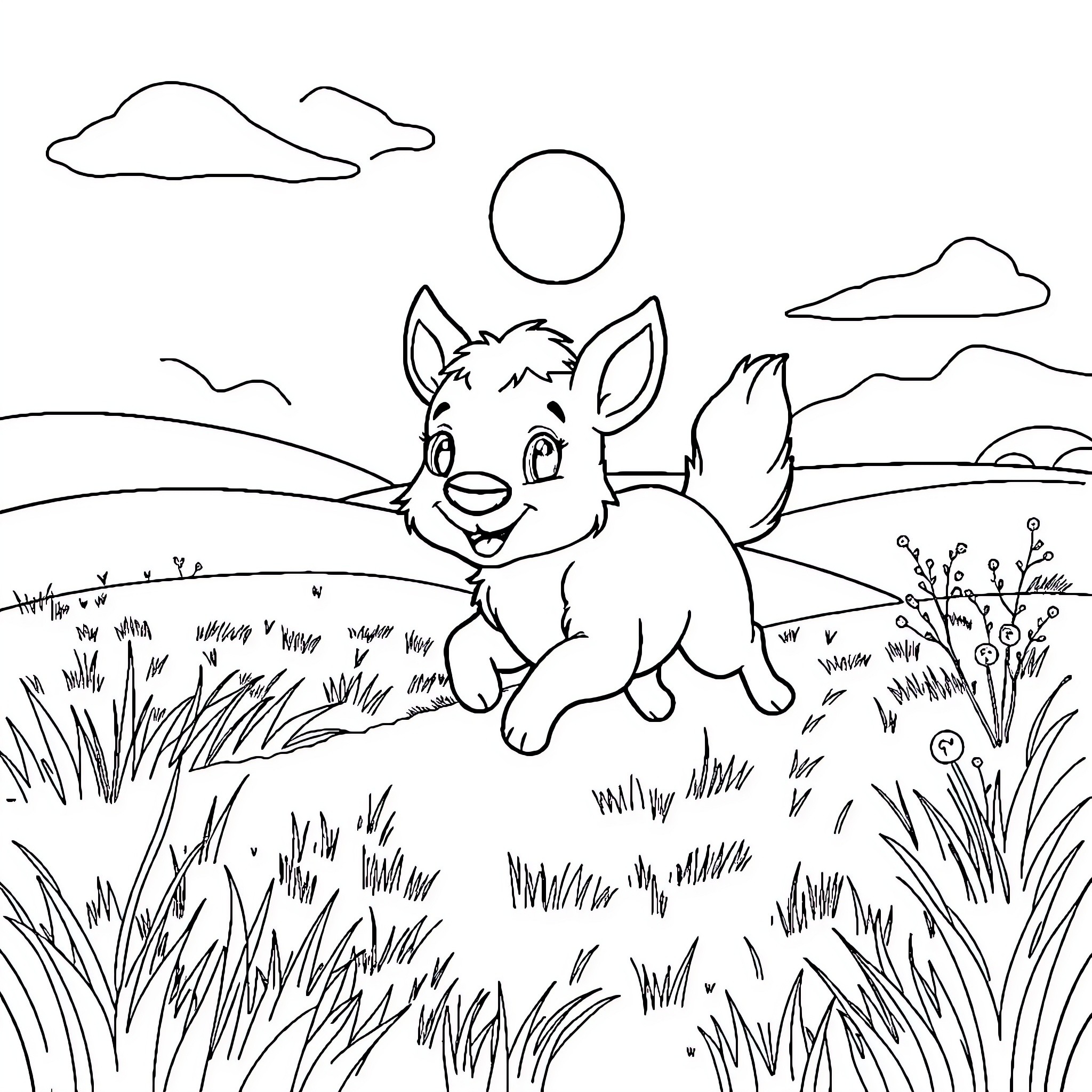 Animal playing happily in the meadow Coloring Page (free black-and-white line drawing printable PDF for all, from beginners to advanced learners, including children, teens, adults, and seniors)